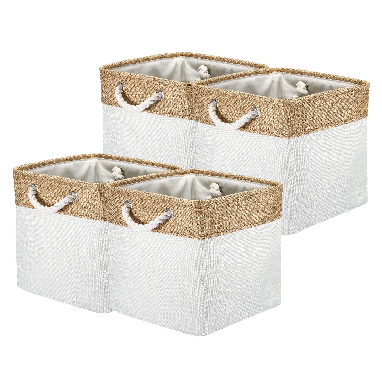 Unique Bargains Storage Baskets Fabric Collapsible Cube Basket w Handles Khaki, White