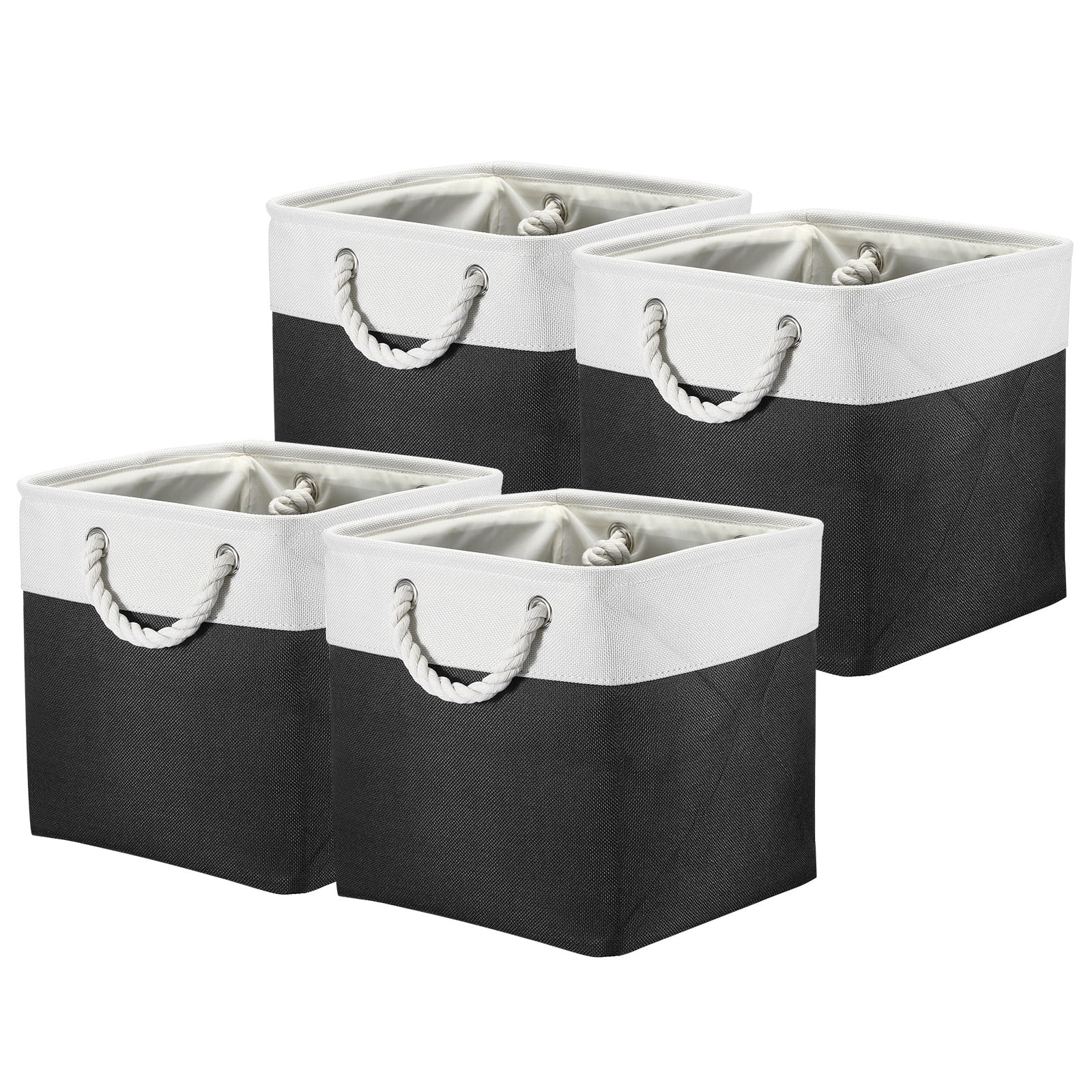 Unique Bargains Storage Baskets Fabric Collapsible Cube Basket w Handles White, Black