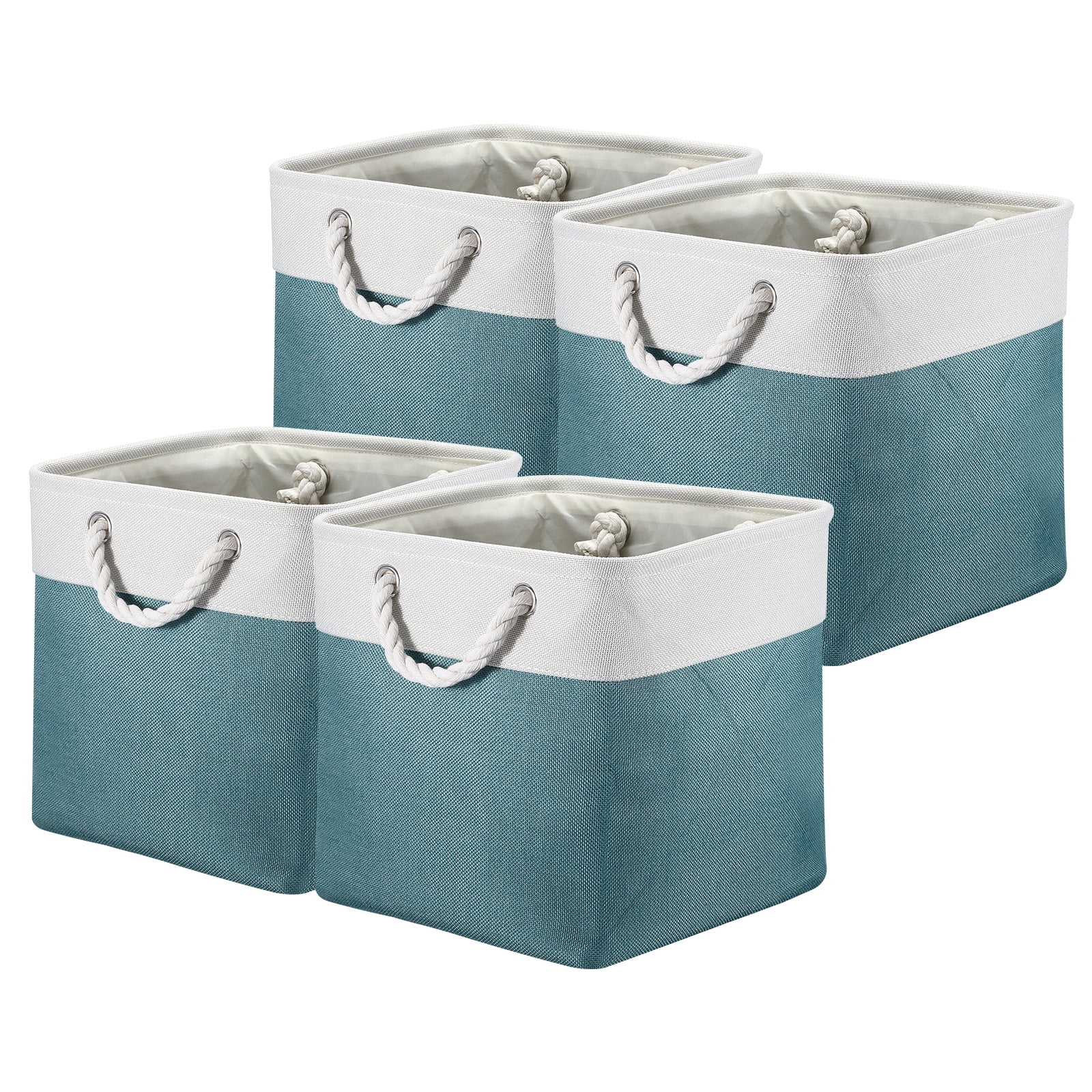 Unique Bargains Storage Baskets Fabric Collapsible Cube Basket w Handles White, Light Blue