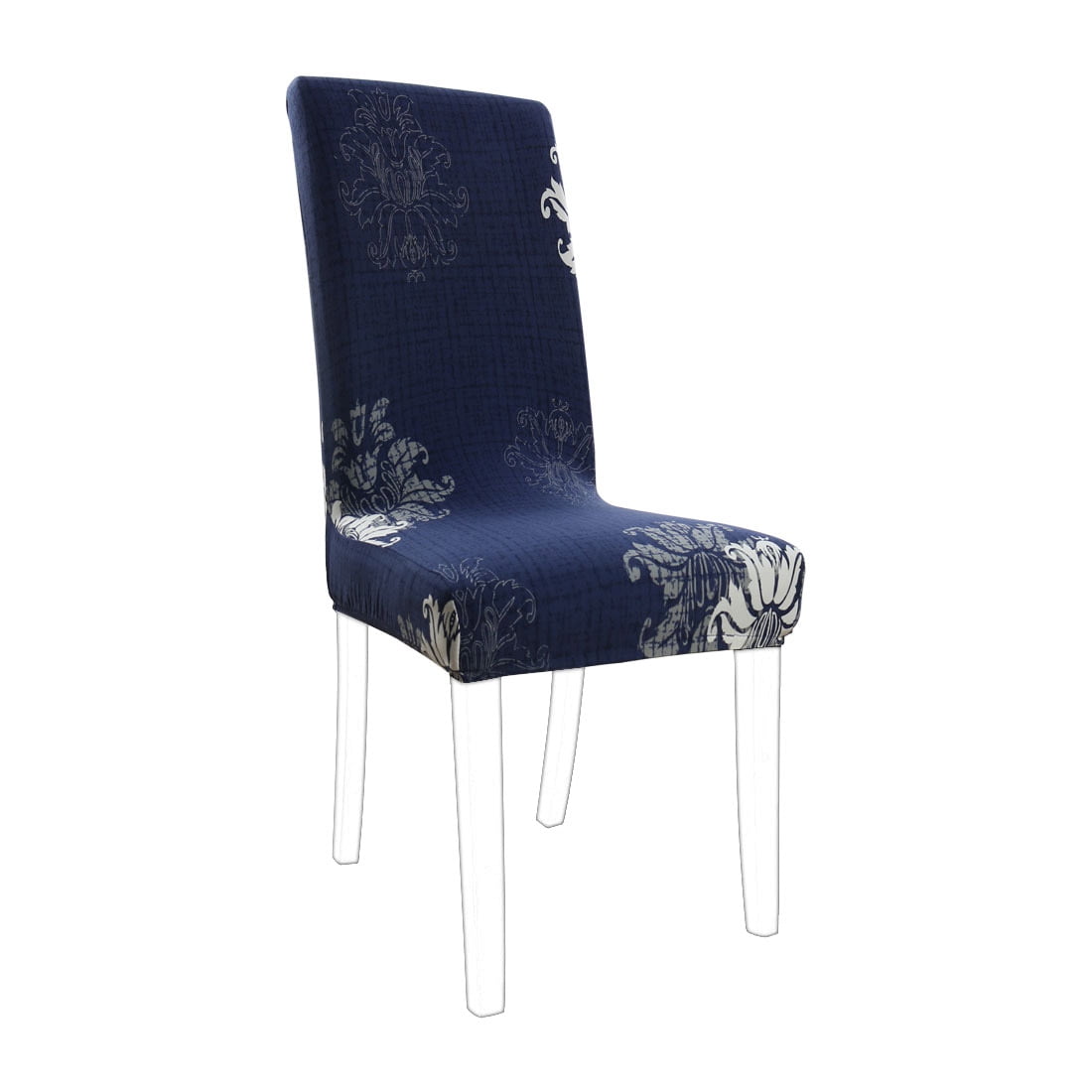 Unique Bargains Stretch Floral Print Dining Chair Cover Navy Blue and White M