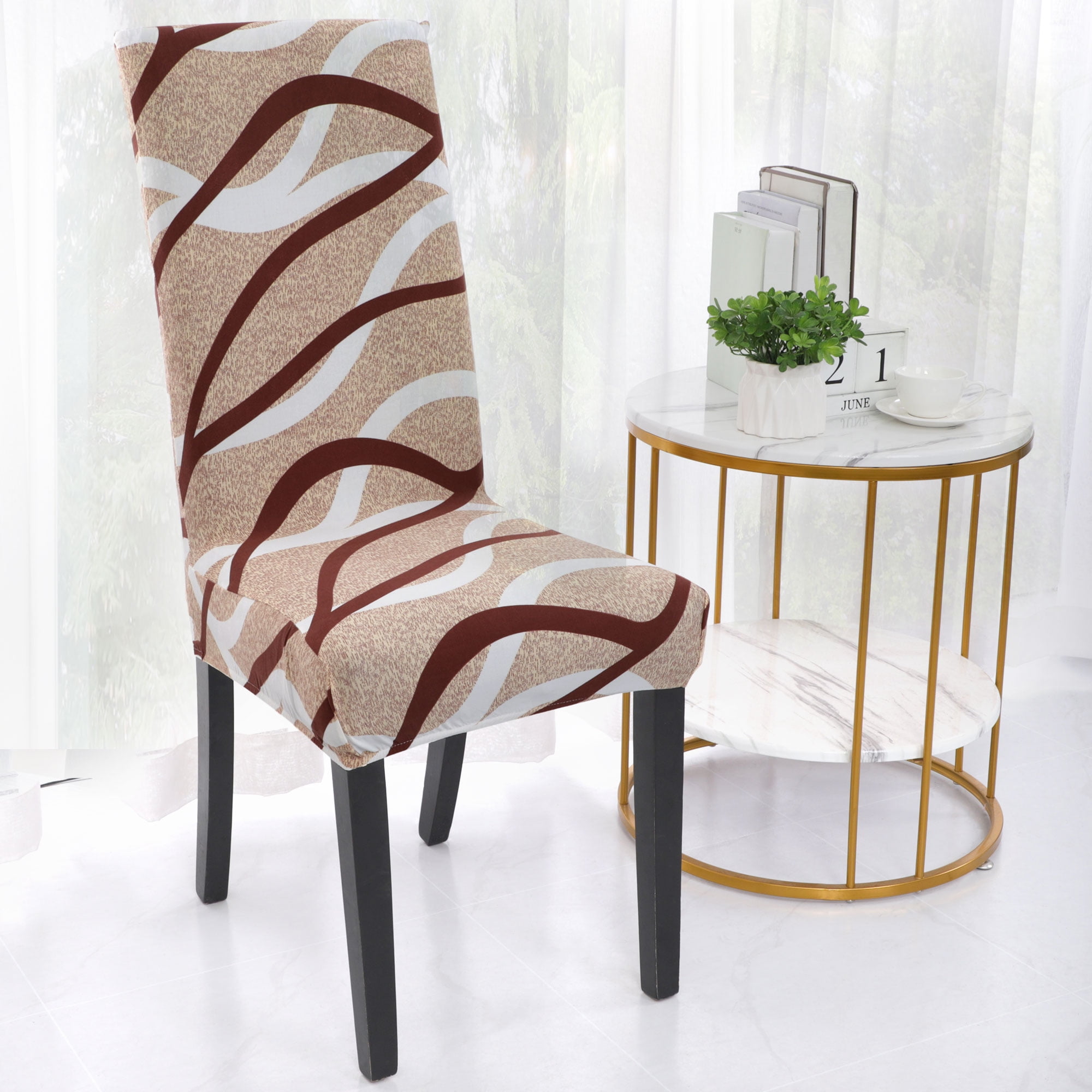 Unique Bargains Stretch Spandex Dining Chair Slipcover Khaki and Brown M