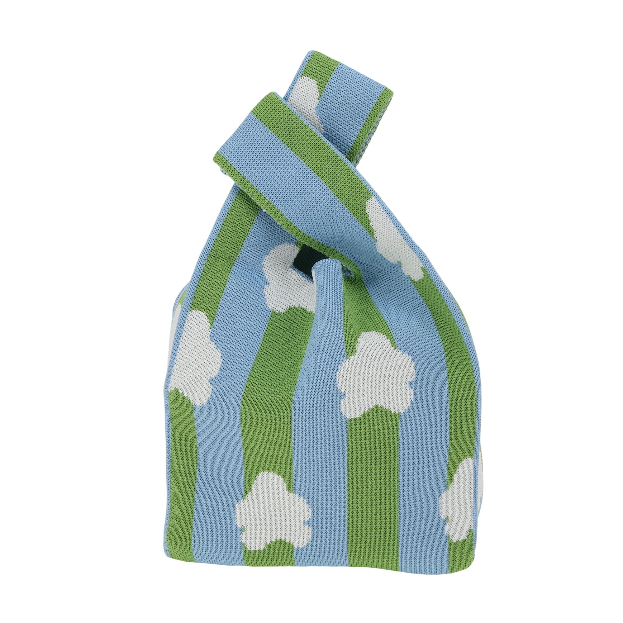 Unique Bargains Stripe Flower Knitted Wrist Bag Green Blue White 1 Pc