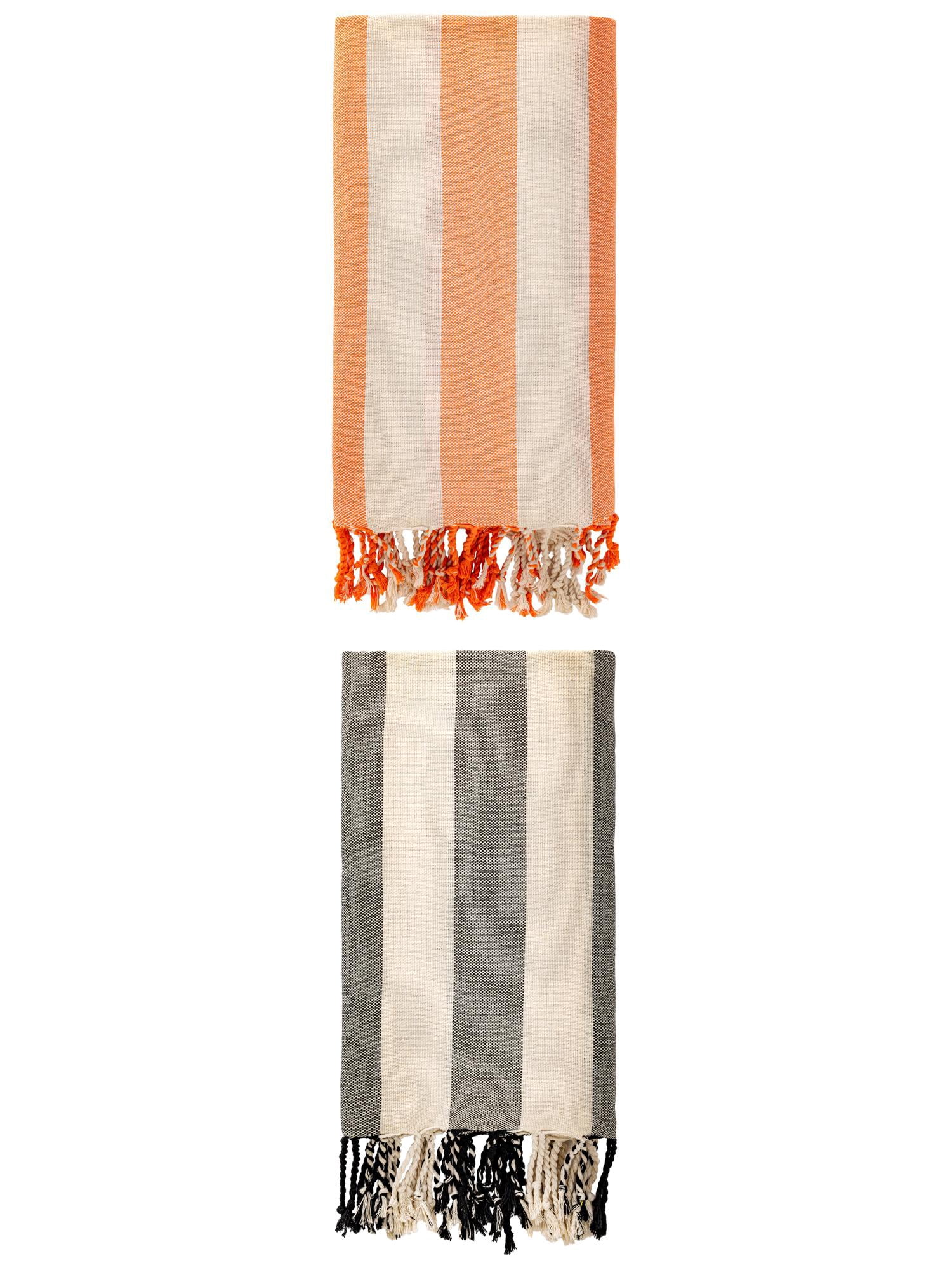 Unique Bargains Stripe Lightweight Absorbent Beach Towel 2 Pack Black/Orange 71"x40"
