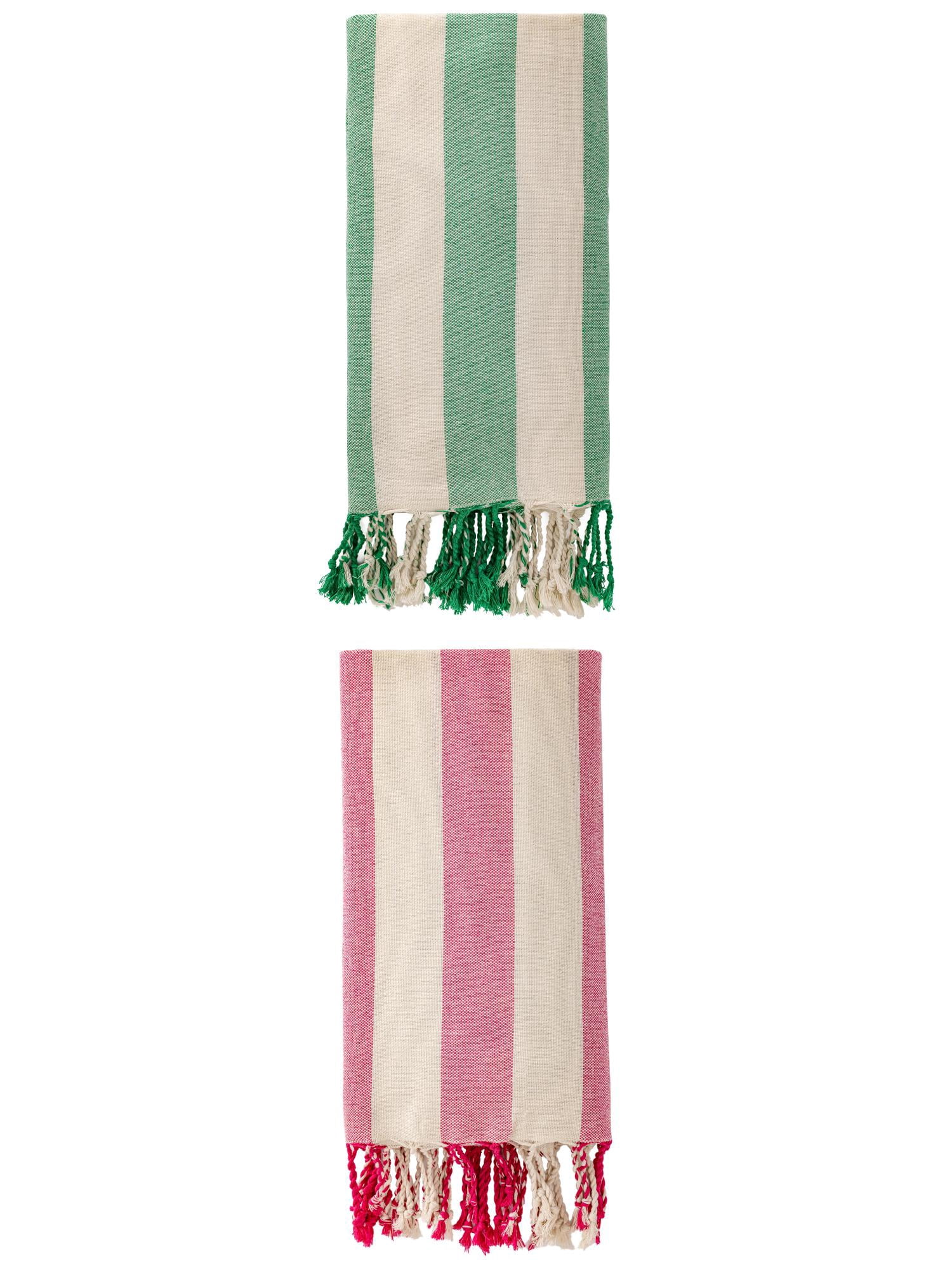 Unique Bargains Stripe Lightweight Absorbent Beach Towel 2 Pack Green/Rose Red 71"x40"