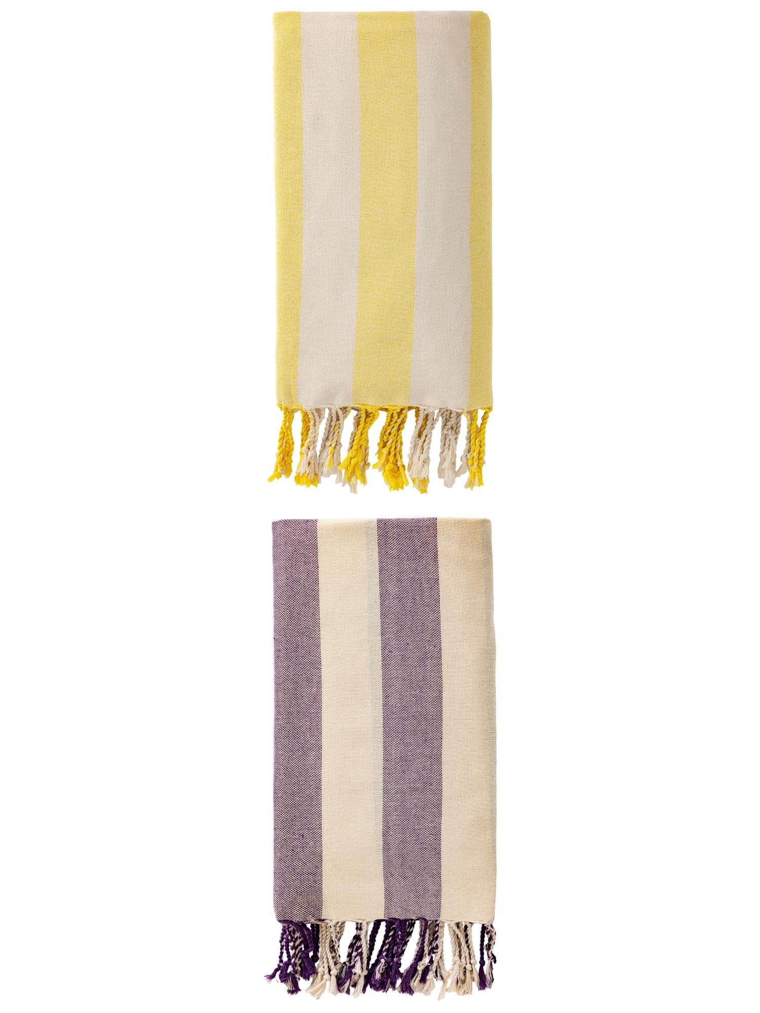 Unique Bargains Stripe Lightweight Absorbent Beach Towel 2 Pack Yellow/Purple 71"x40"