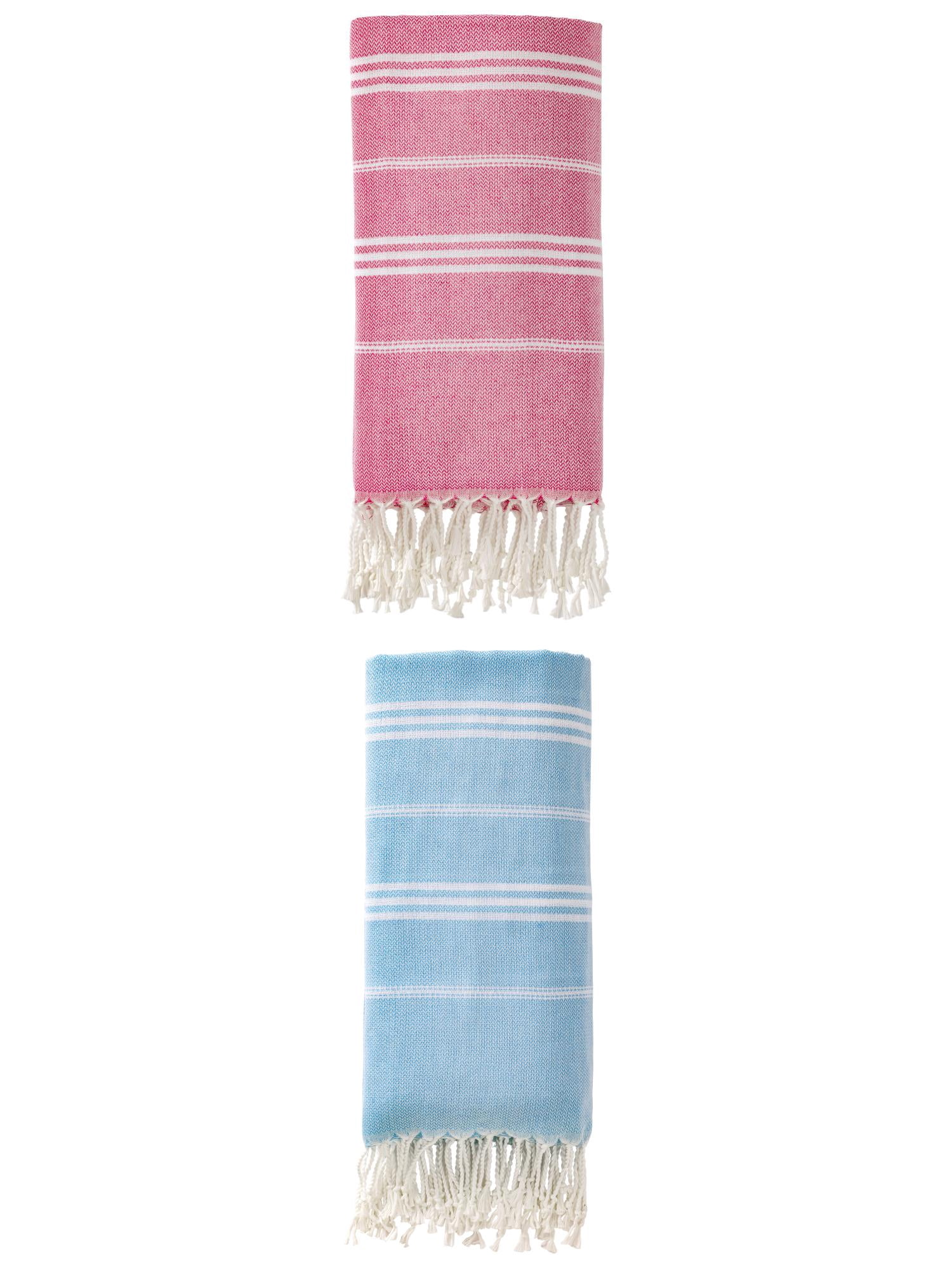 Unique Bargains Stripe Turkish Quick Dry Beach Towel 2 Pack Rose Red/Light Blue 71"x35"