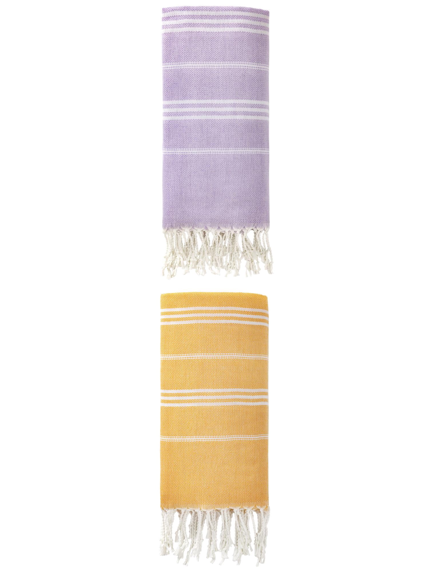 Unique Bargains Stripe Turkish Quick Dry Beach Towel 2 Pack Yellow/Purple 71"x35"