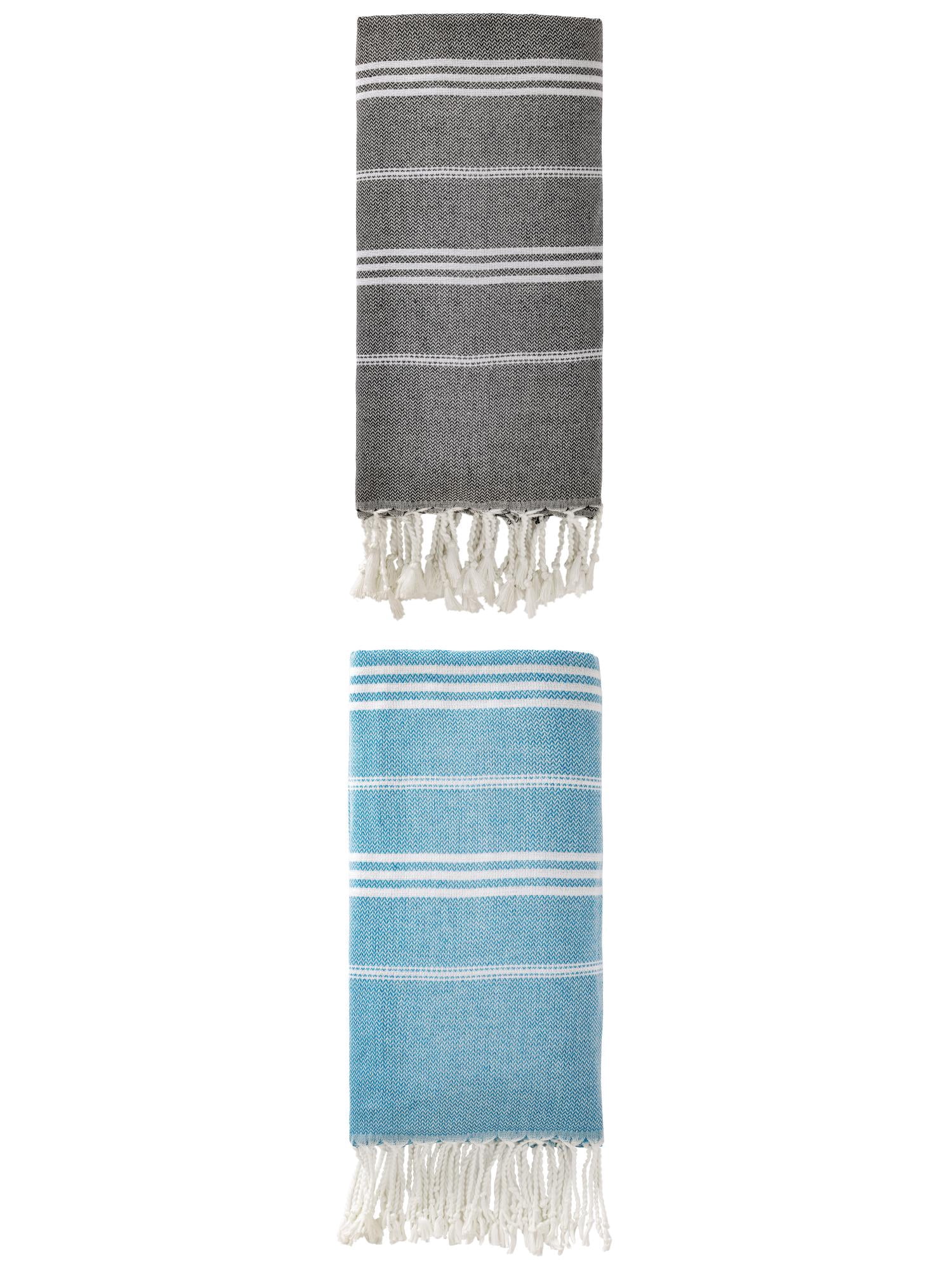 Unique Bargains Stripe Turkish Sand Free Beach Towel 2 Pack Blue/Black 71"x35"