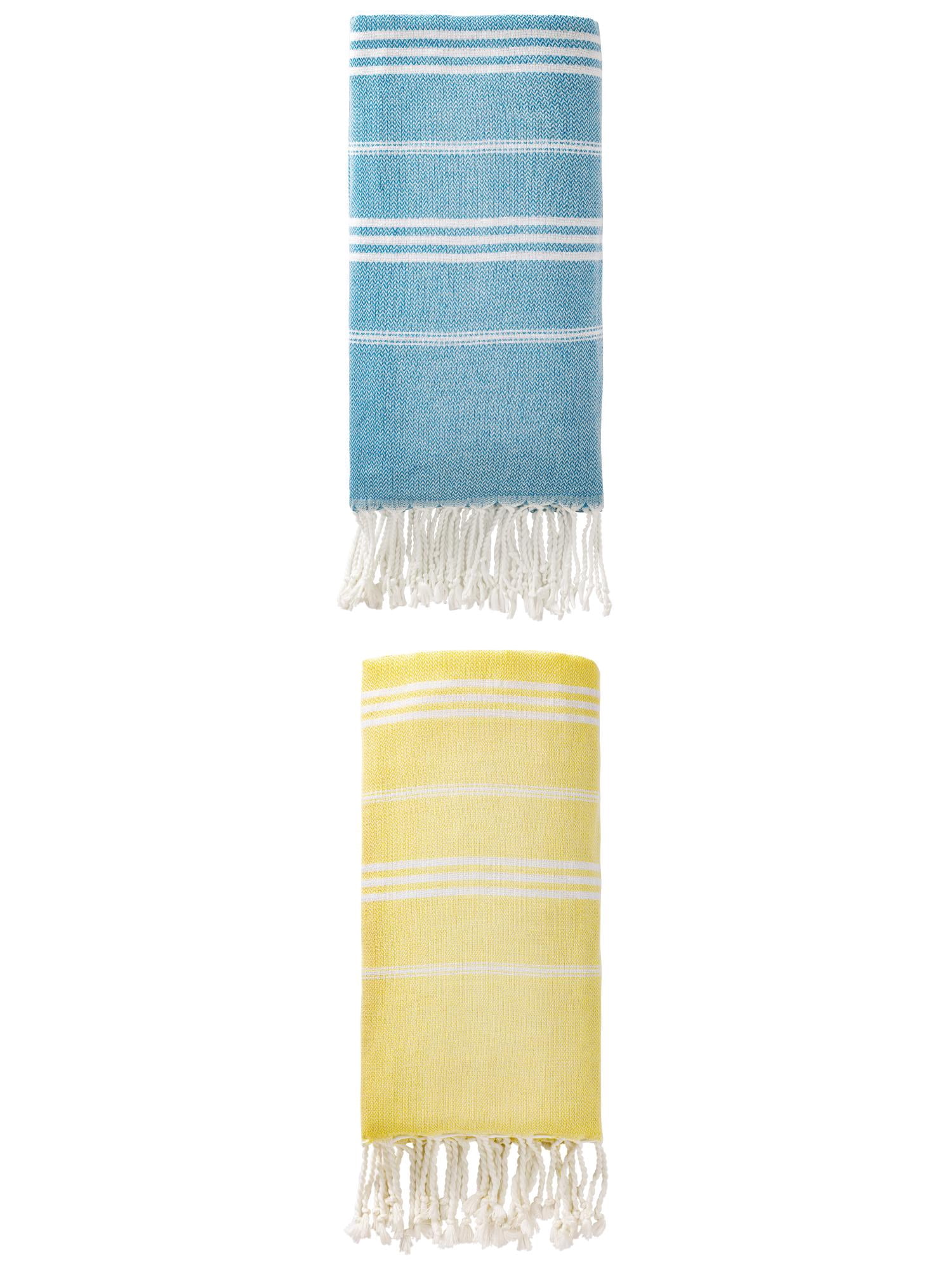 Unique Bargains Stripe Turkish Sand Free Beach Towel 2 Pack Blue/Light Yellow 71"x35"