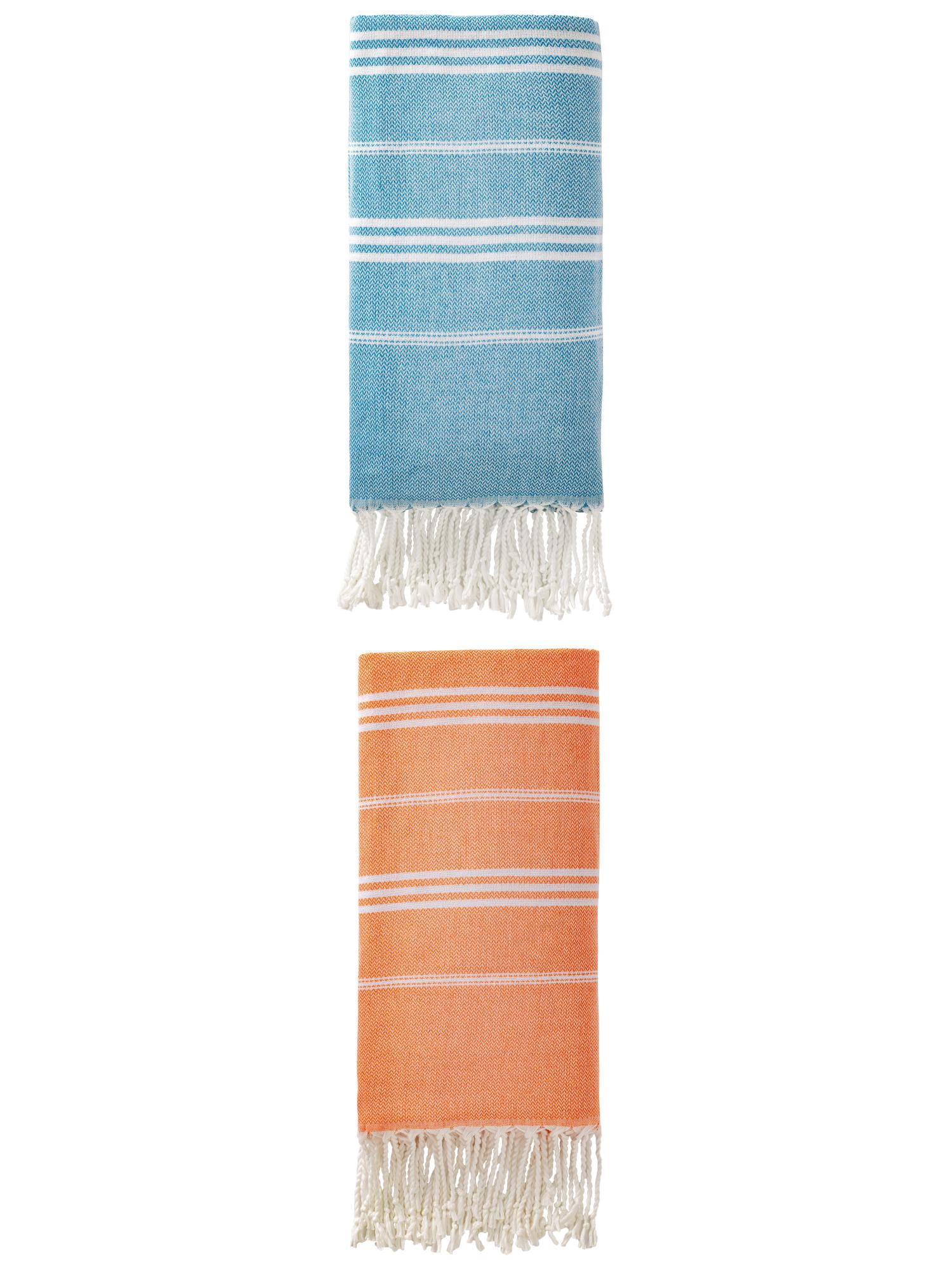 Unique Bargains Stripe Turkish Sand Free Beach Towel 2 Pack Blue/Orange 71"x35"
