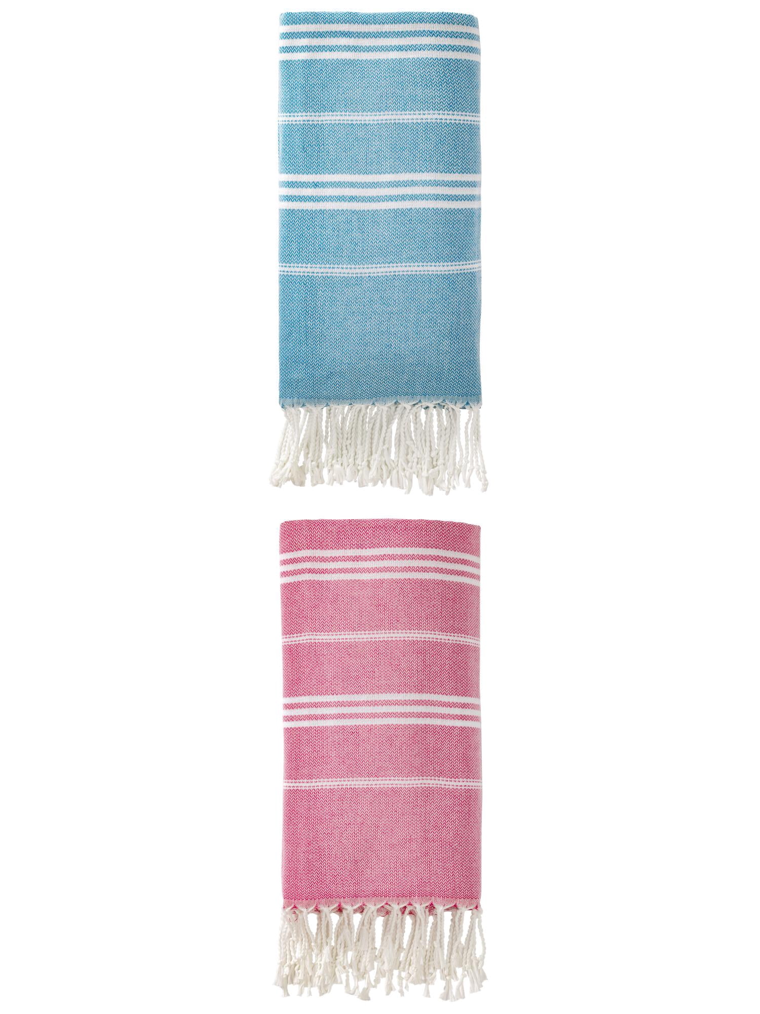 Unique Bargains Stripe Turkish Sand Free Beach Towel 2 Pack Blue/Rose Red 71"x35"