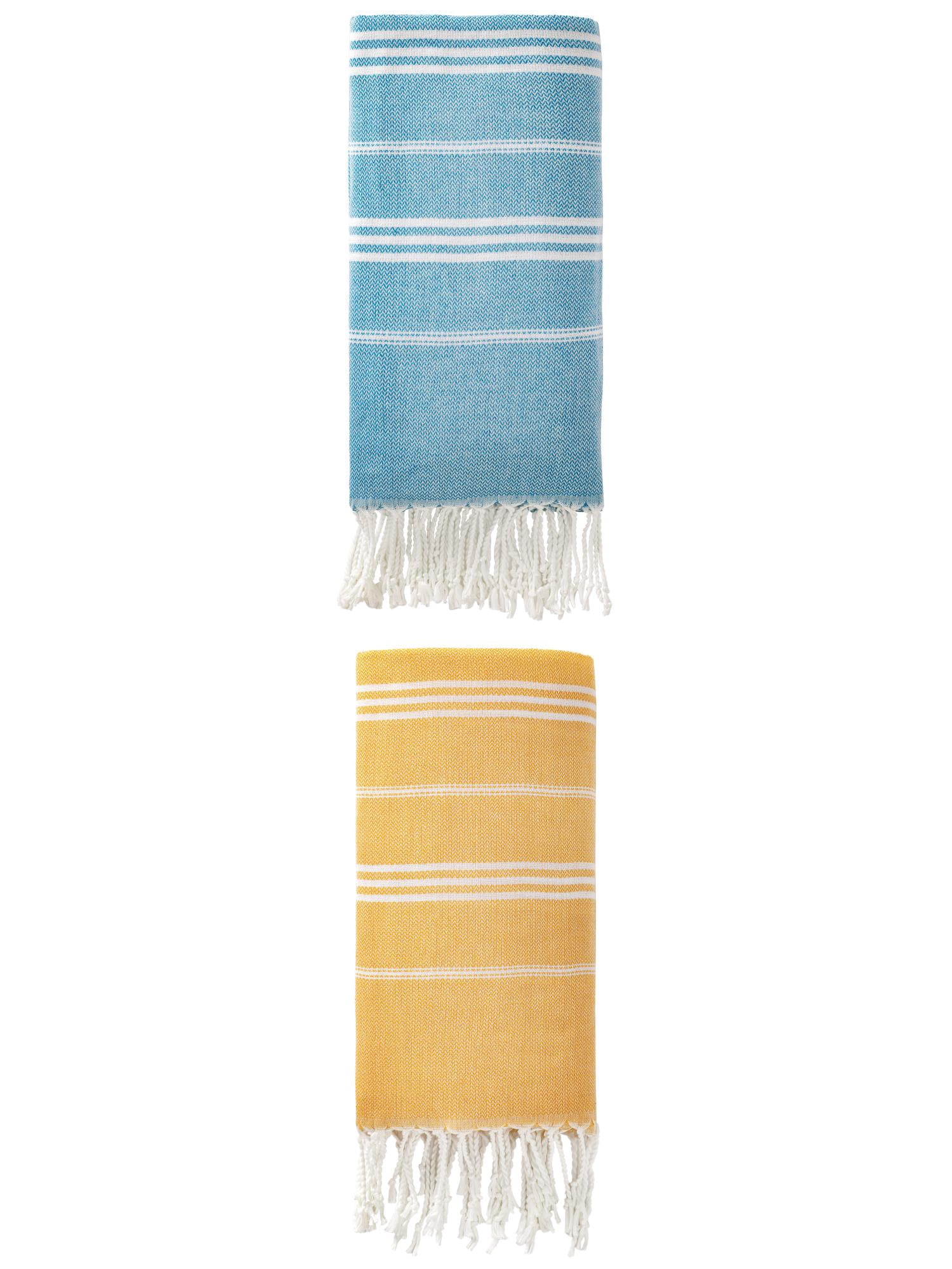 Unique Bargains Stripe Turkish Sand Free Beach Towel 2 Pack Blue/Yellow 71"x35"
