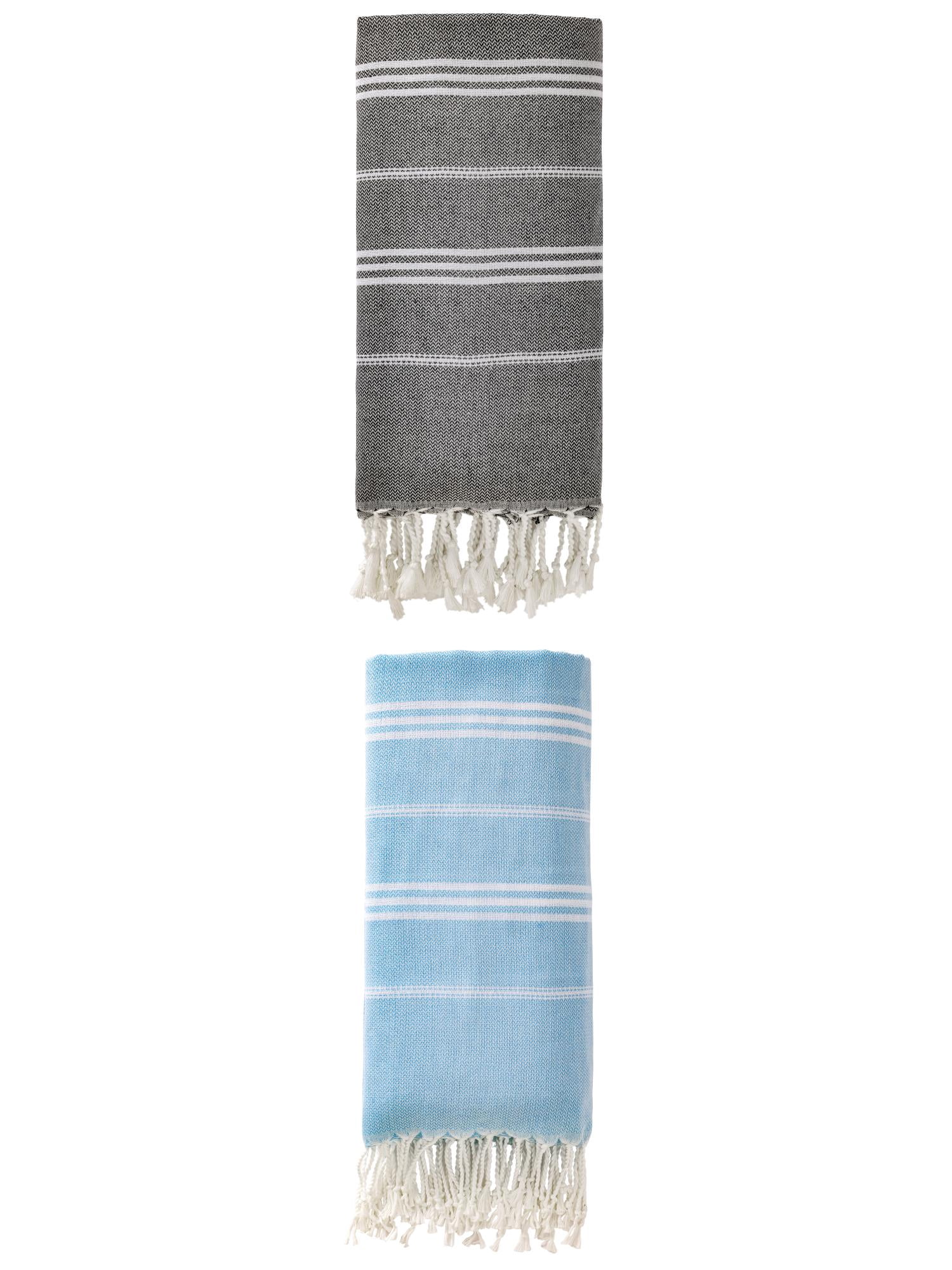 Unique Bargains Stripe Turkish Sand Free Towel 2 Pack Black/Light Blue 71"x35"