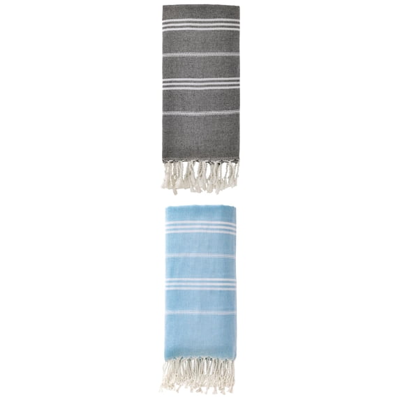 Unique Bargains Stripe Turkish Sand Free Towel 2 Pack Black/Light Blue 71"x35"