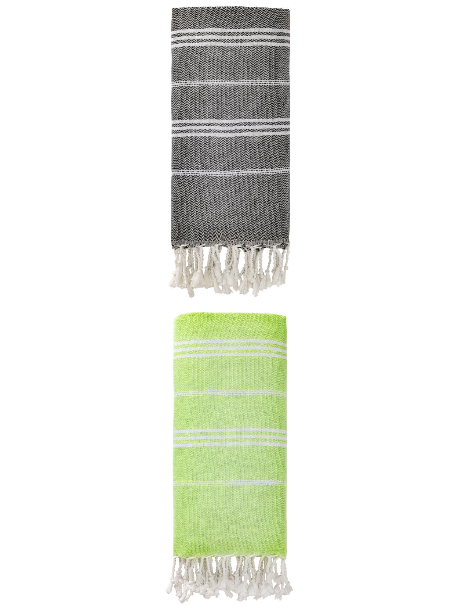 Unique Bargains Stripe Turkish Sand Free Towel 2 Pack Black/Light Green 71"x35"