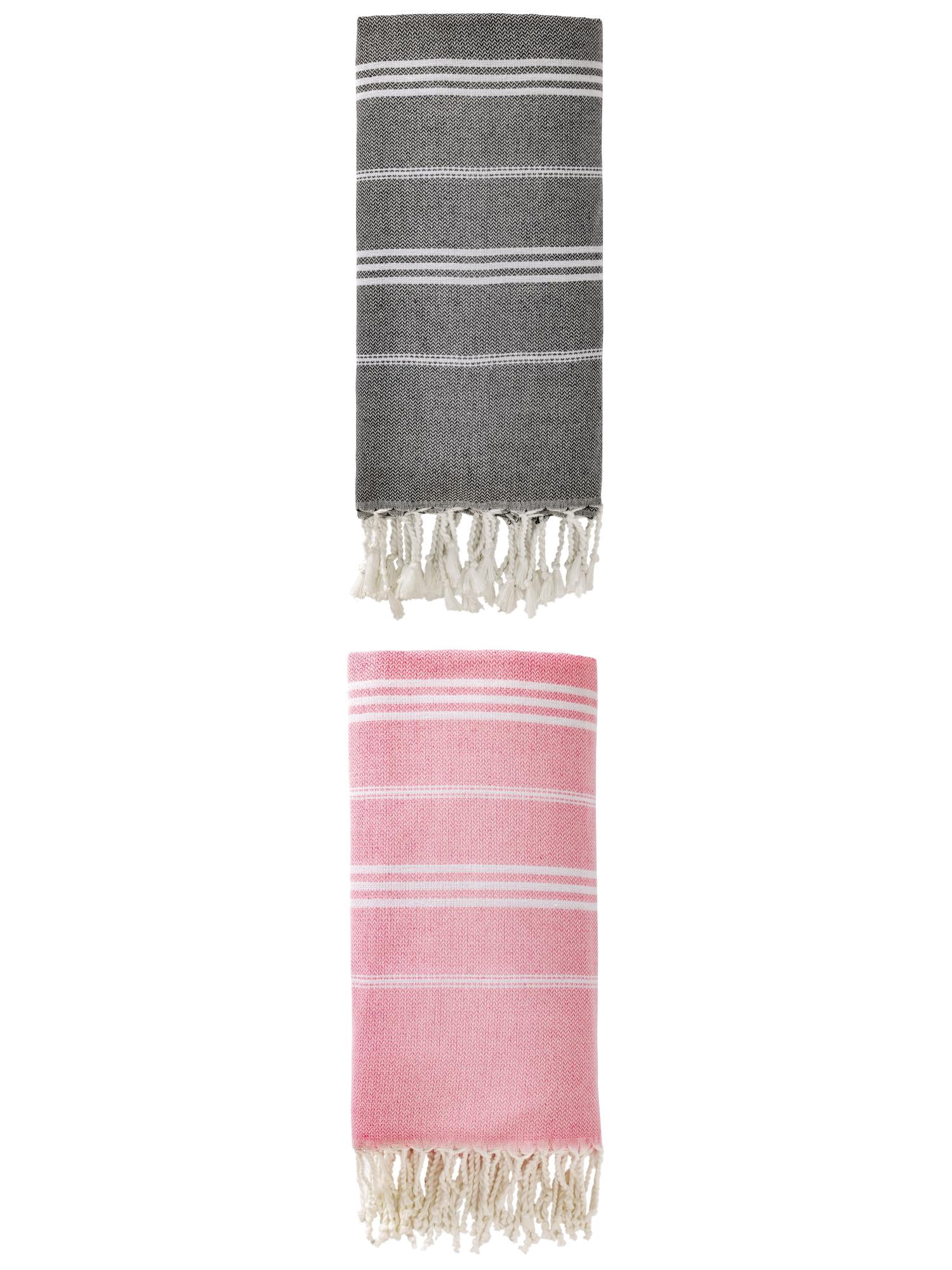Unique Bargains Stripe Turkish Sand Free Towel 2 Pack Black/Pink 71"x35"