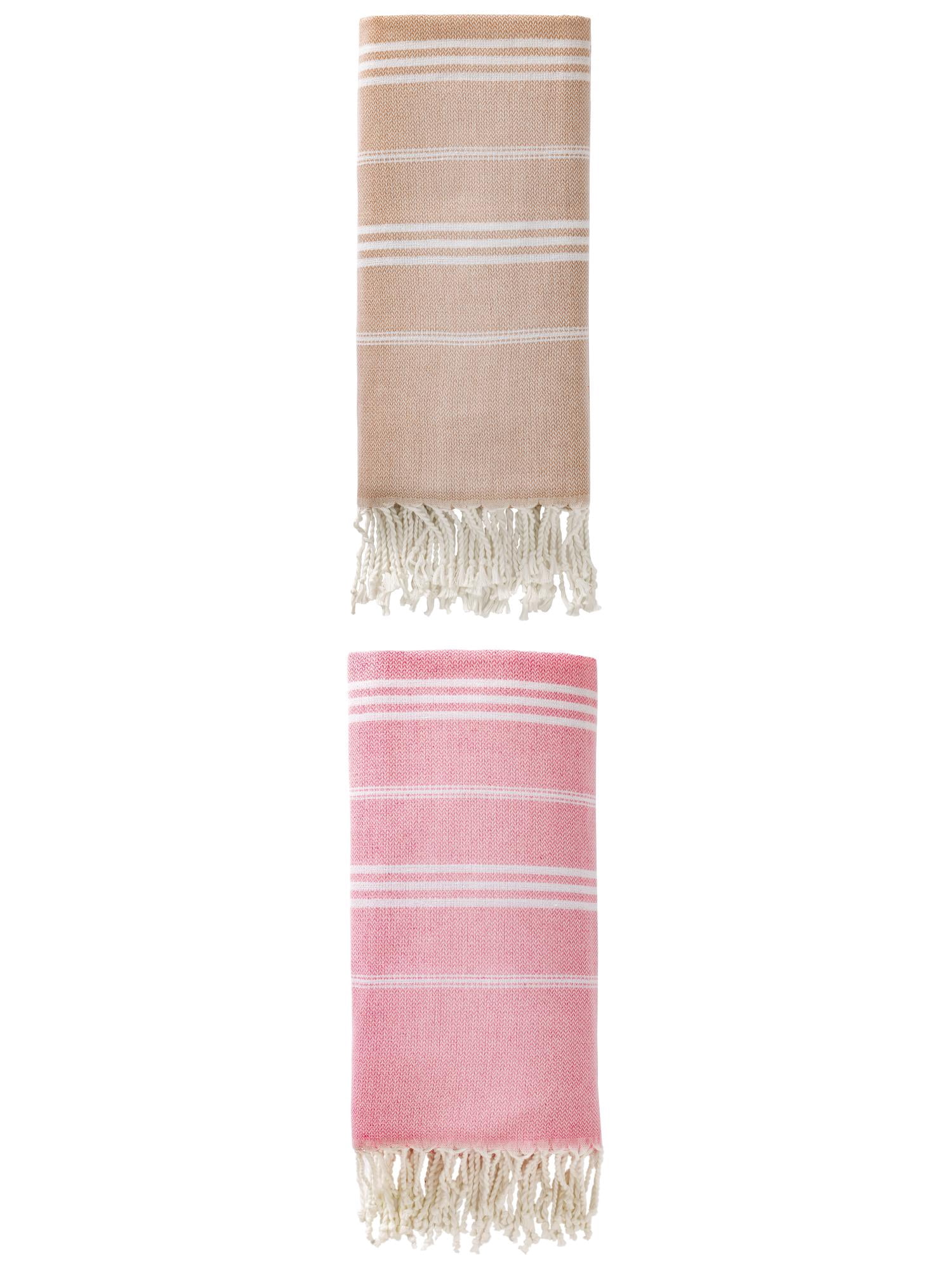 Unique Bargains Stripe Turkish Sand Free Towel 2 Pack Brown/Pink 71"x35"