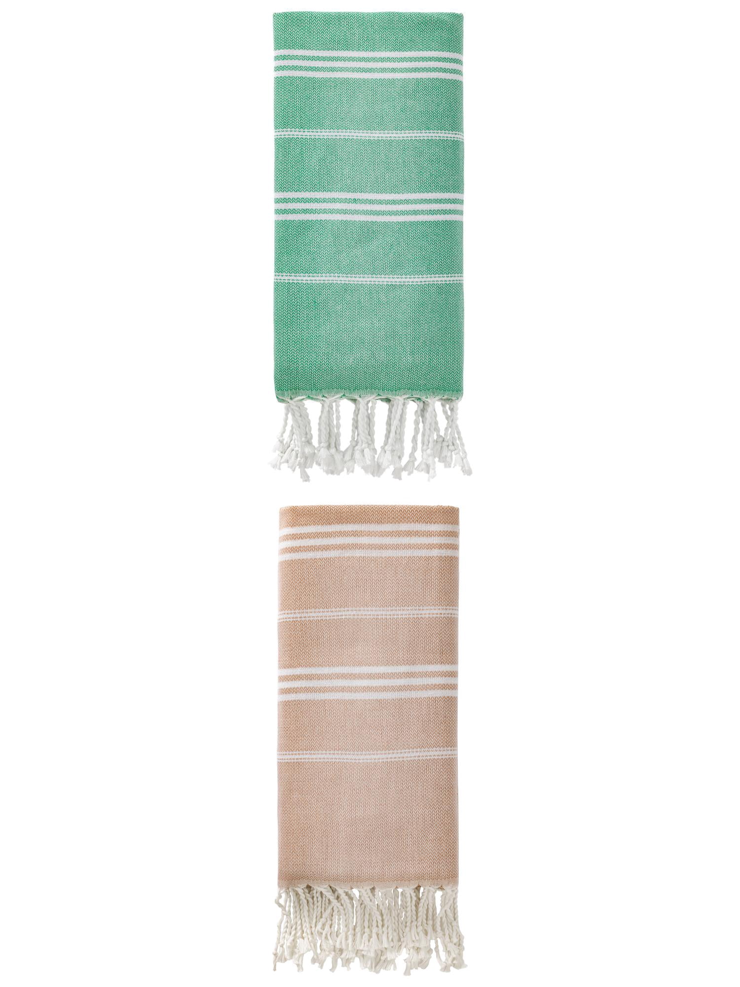 Unique Bargains Stripe Turkish Sand Free Towel 2 Pack Green/Brown 71"x35"
