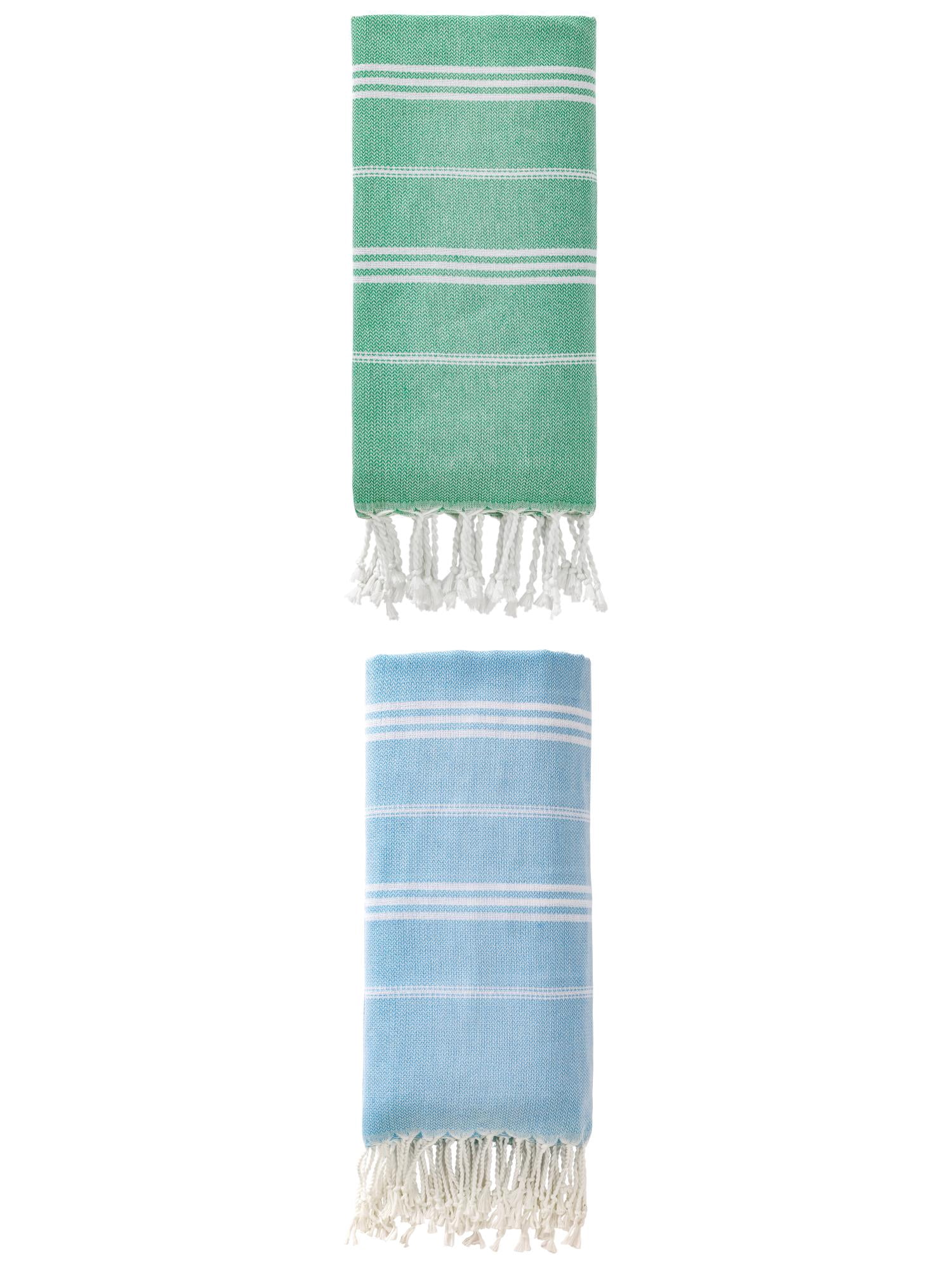 Unique Bargains Stripe Turkish Sand Free Towel 2 Pack Green/Light Blue 71"x35"