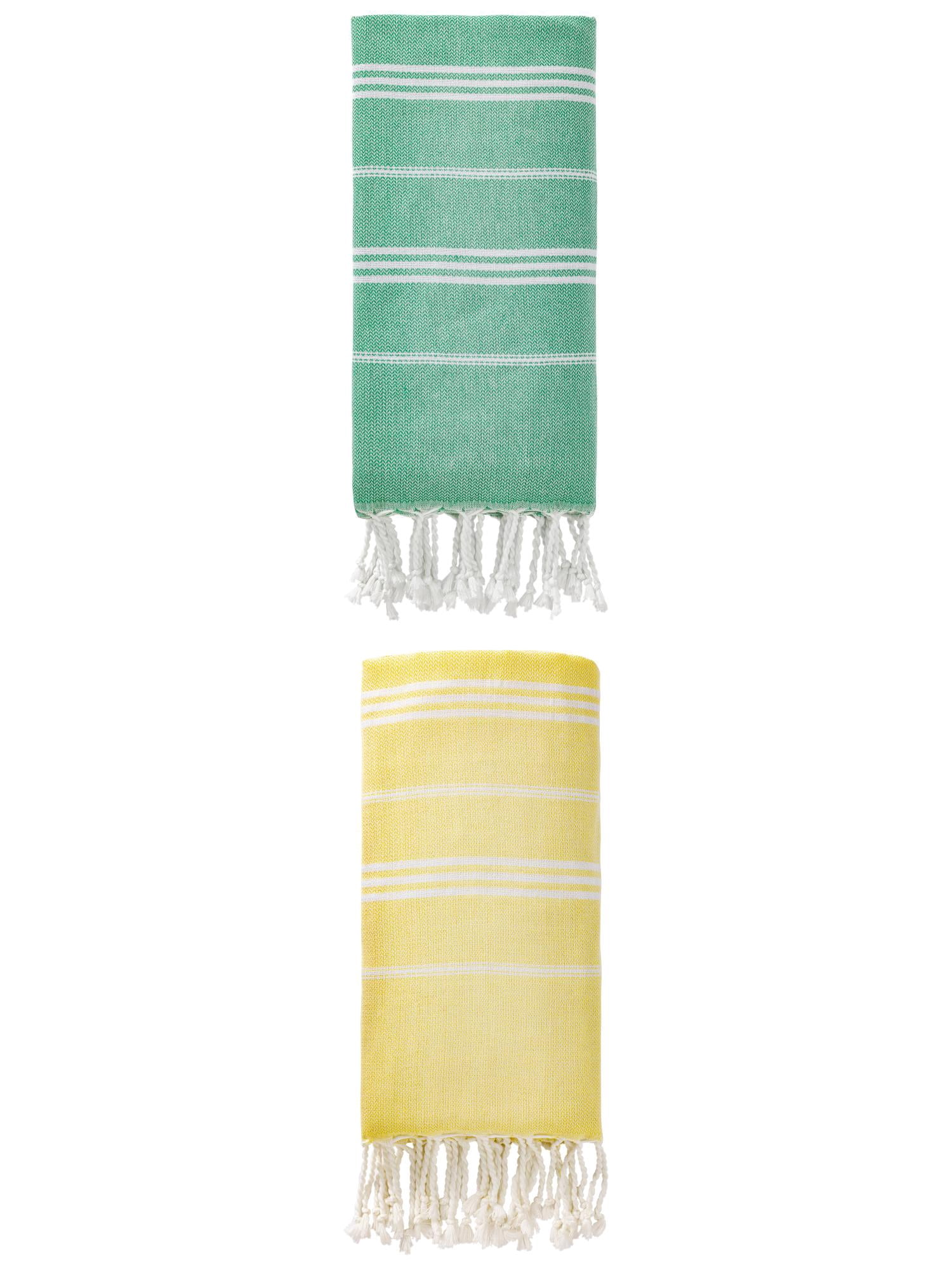 Unique Bargains Stripe Turkish Sand Free Towel 2 Pack Green/Light Yellow 71"x35"