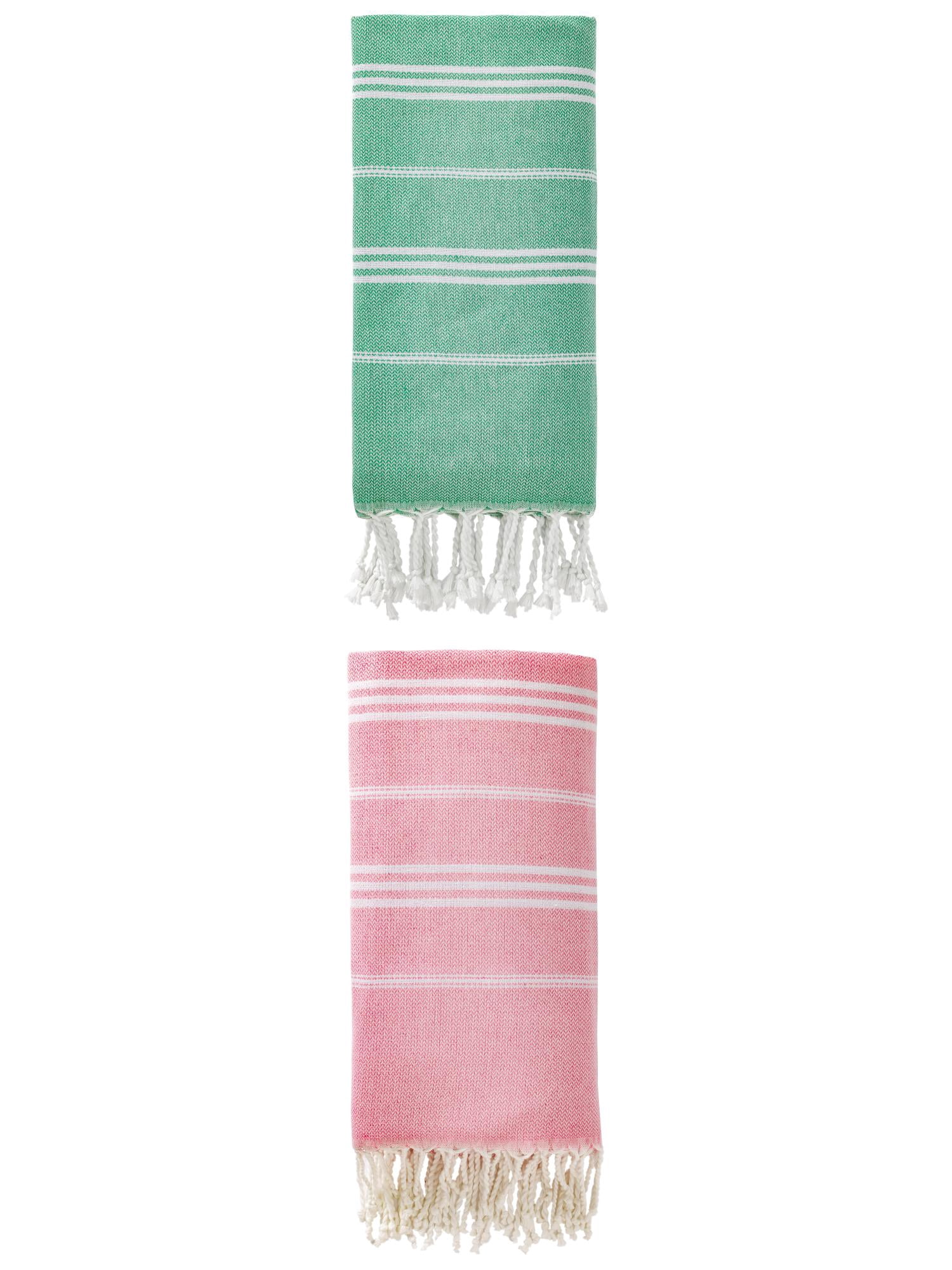 Unique Bargains Stripe Turkish Sand Free Towel 2 Pack Green/Pink 71"x35"