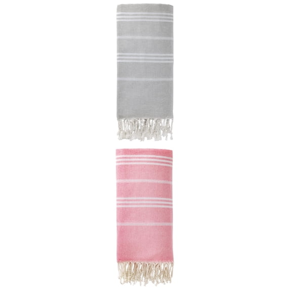 Unique Bargains Stripe Turkish Sand Free Towel 2 Pack Grey/Pink 71"x35"