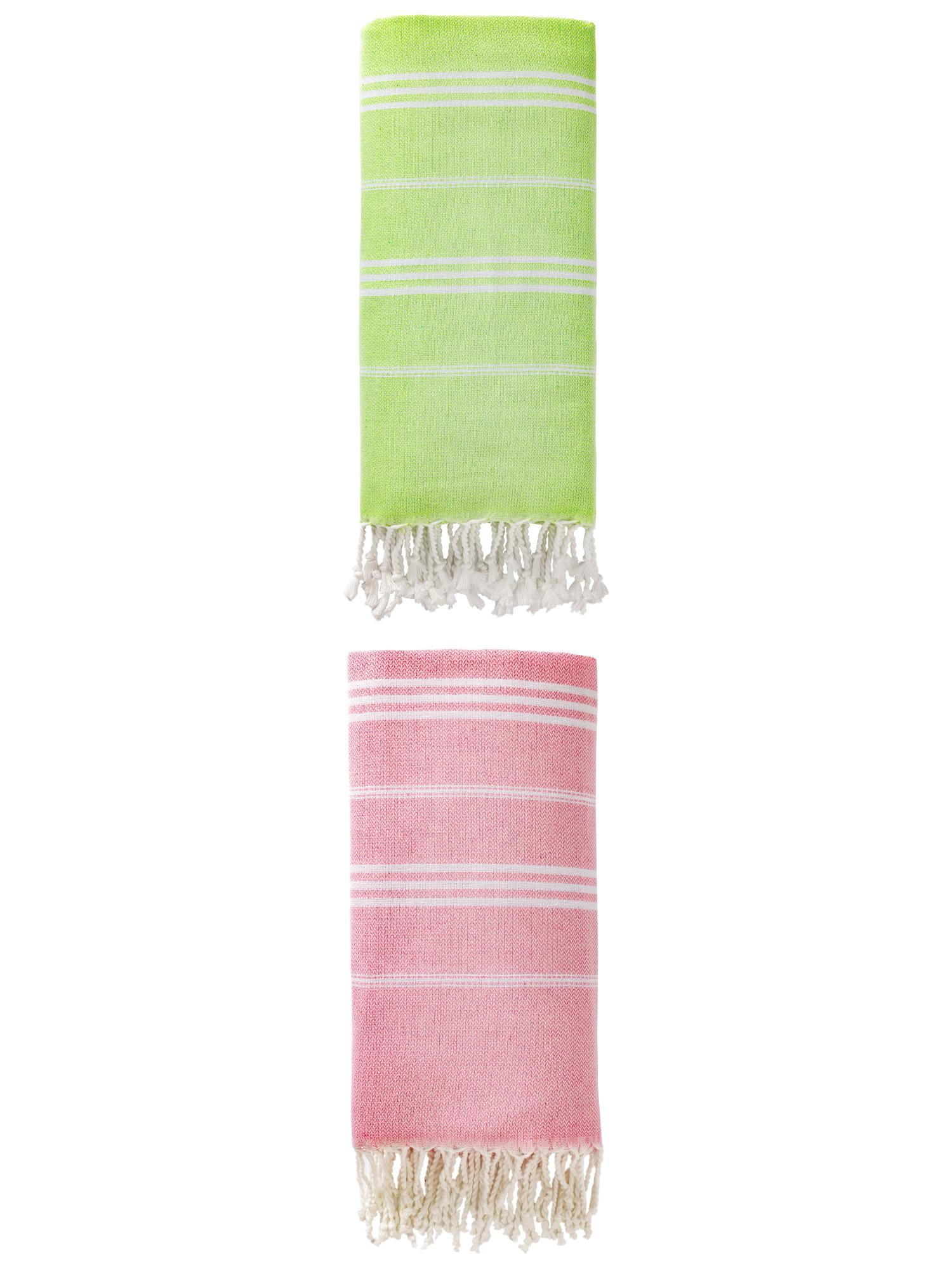 Unique Bargains Stripe Turkish Sand Free Towel 2 Pack Light Green/Pink 71"x35"