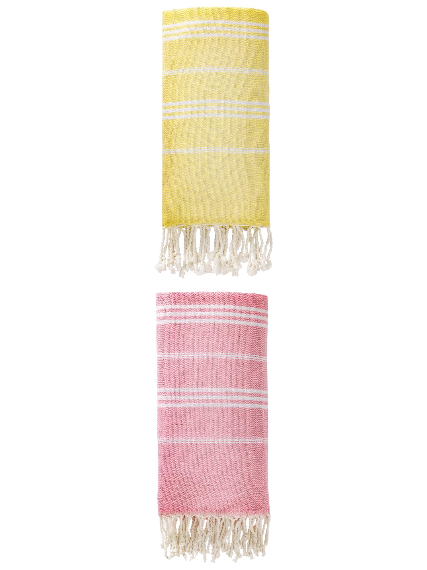 Unique Bargains Stripe Turkish Sand Free Towel 2 Pack Light Yellow/Pink 71"x35"