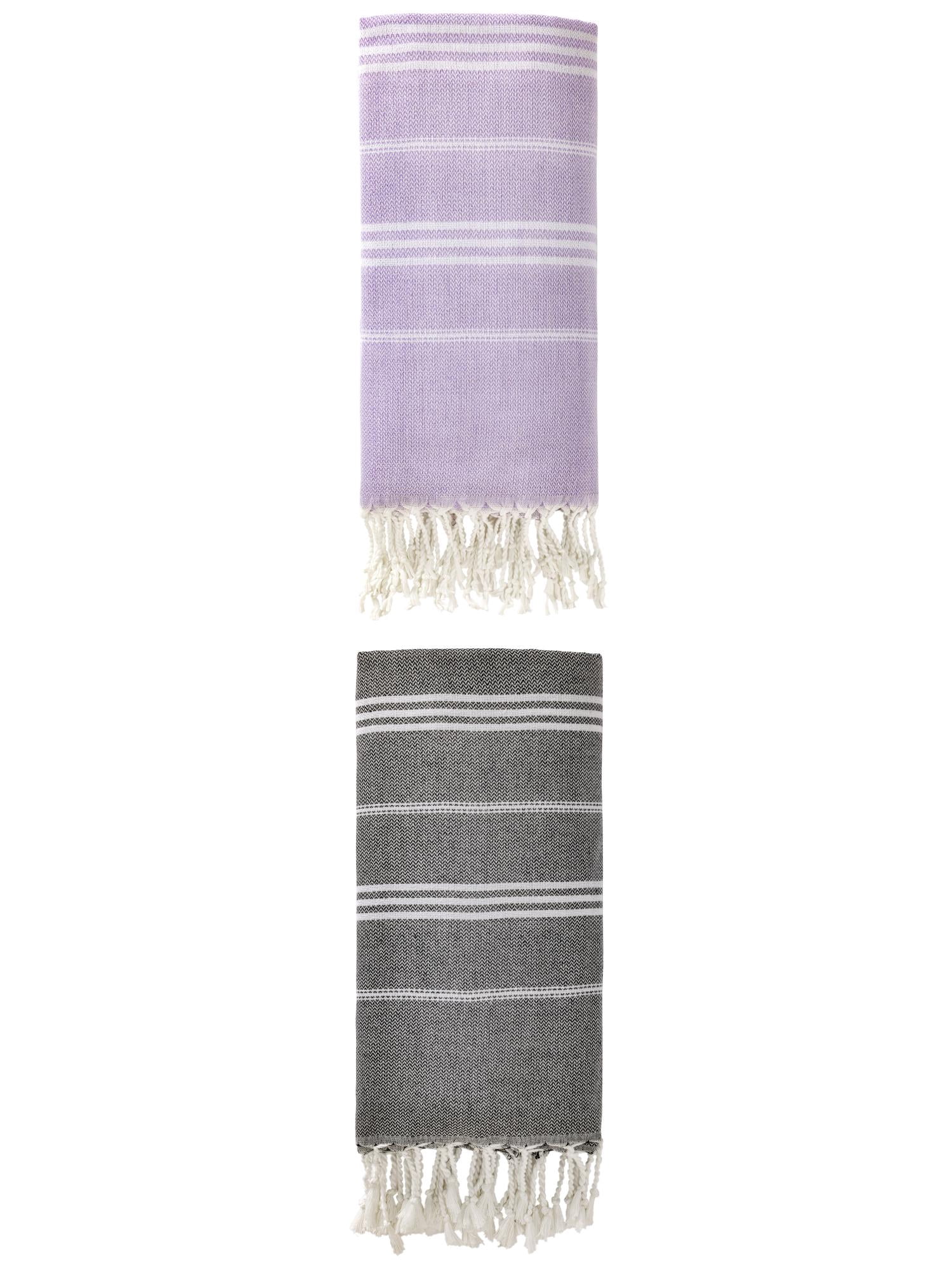 Unique Bargains Stripe Turkish Sand Free Towel 2 Pack Purple/Black 71"x35"