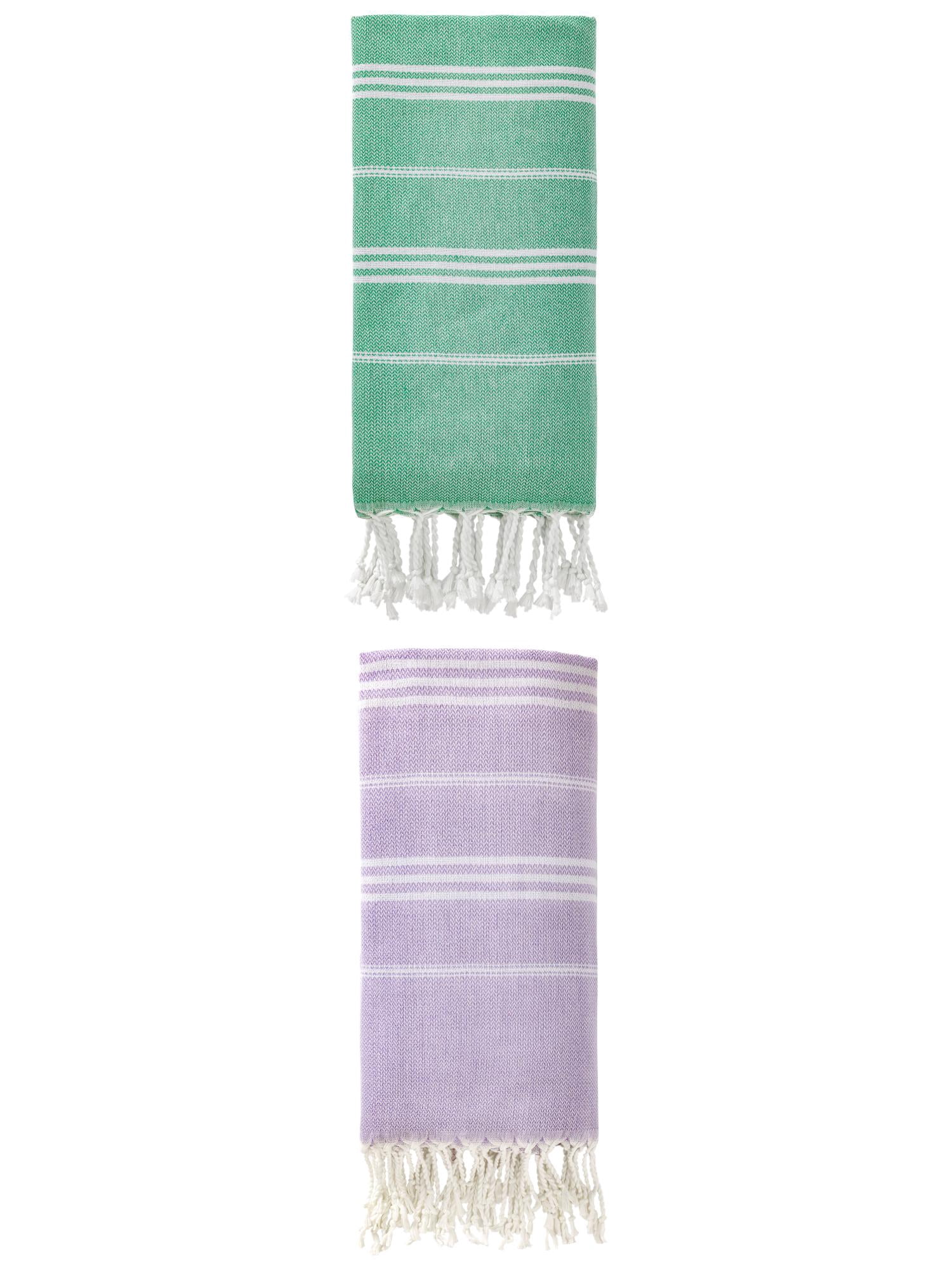 Unique Bargains Stripe Turkish Sand Free Towel 2 Pack Purple/Green 71"x35"