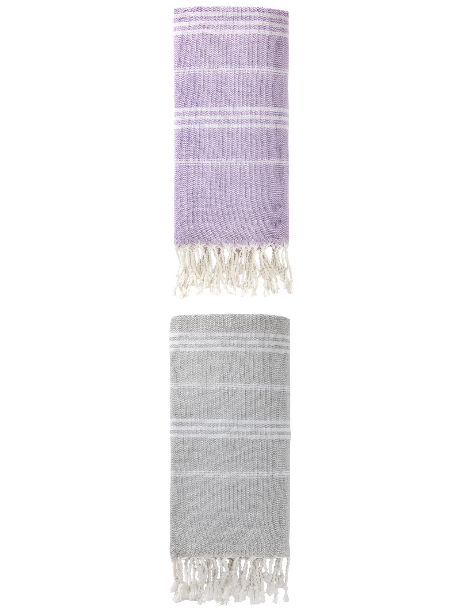 Unique Bargains Stripe Turkish Sand Free Towel 2 Pack Purple/Grey 71"x35"