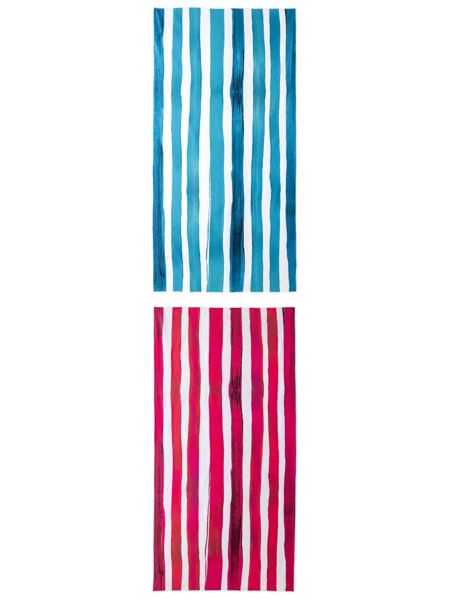 Unique Bargains Striped Absorbent Beach Towel 2 Pack Aqua Blue/Rose Red 63"x31"
