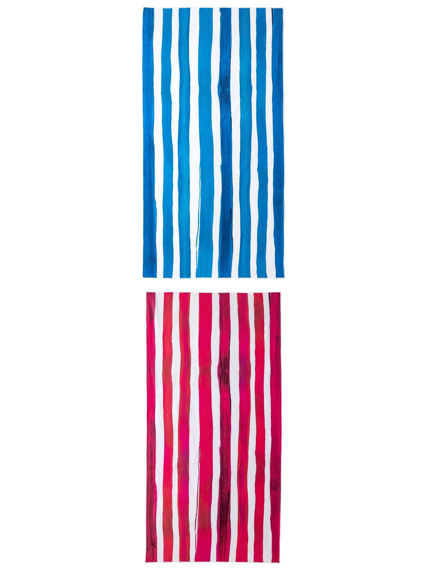 Unique Bargains Striped Absorbent Beach Towel 2 Pack Blue/Rose Red 63"x31"