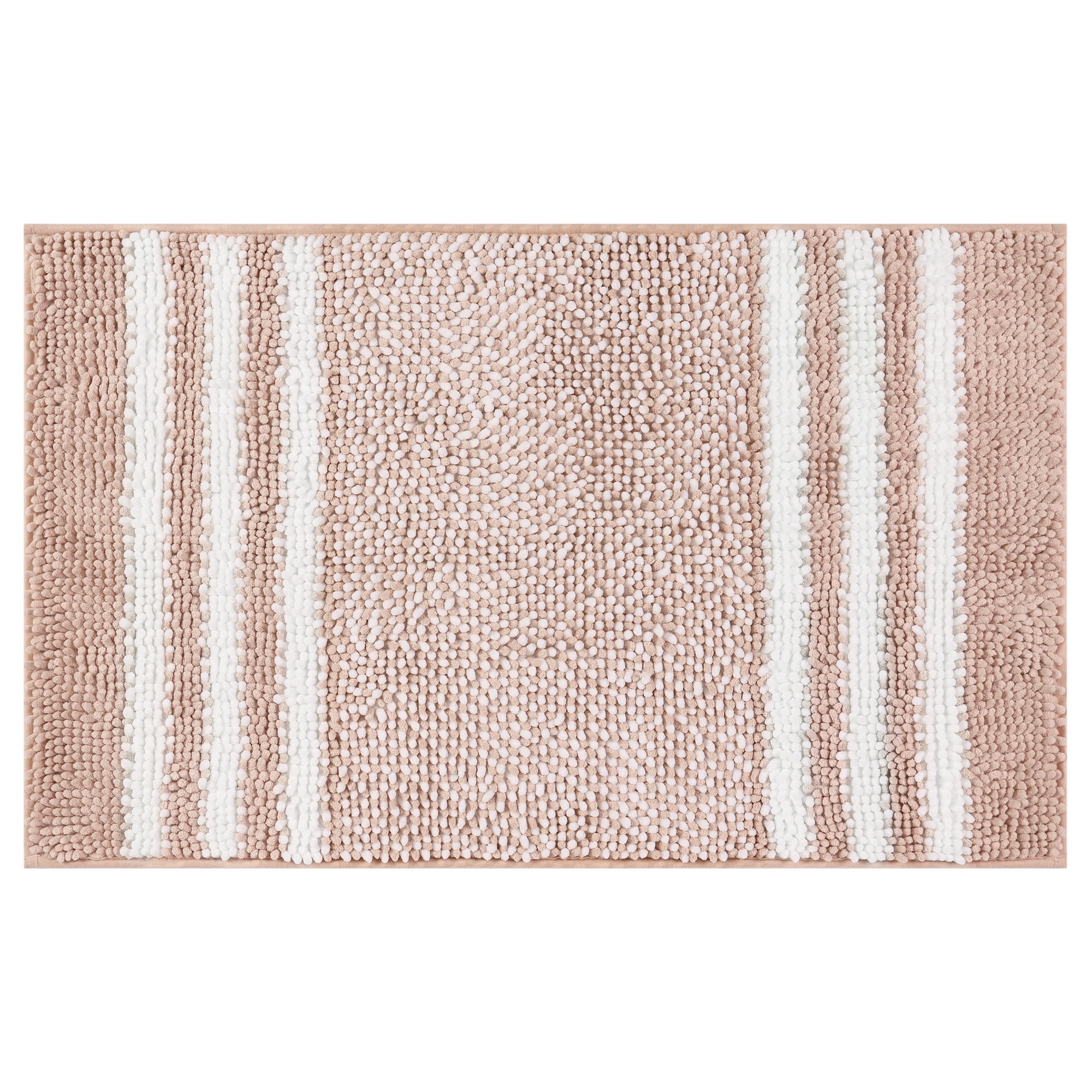 Unique Bargains Striped Chenille Bathroom Rug with Edges Non-Slip Bathroom Floor Mat Pink 16" x 24"