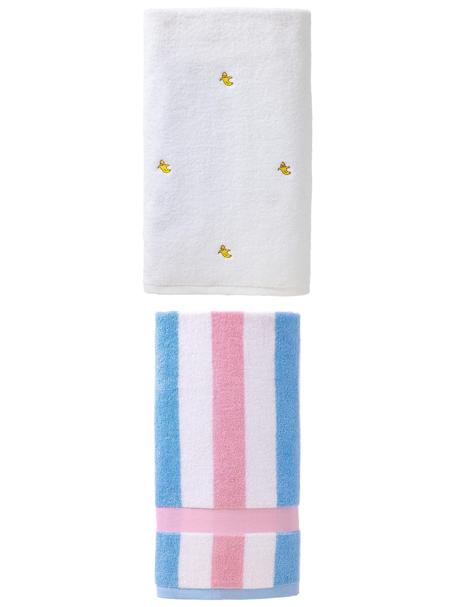 Unique Bargains Cotton Cute Bath Towel 2 Pack Banana White/Pink 55" x 28"