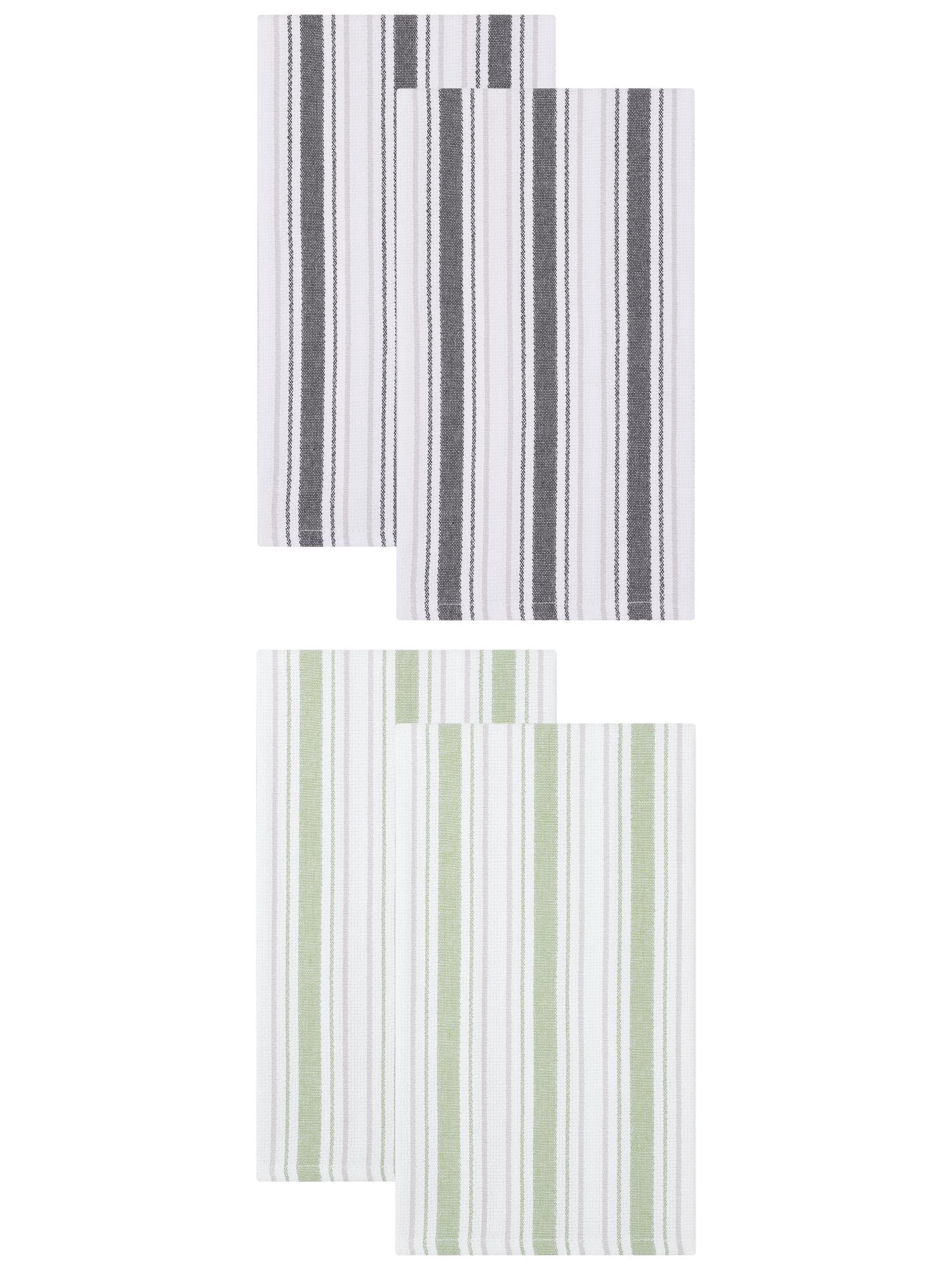 Unique Bargains Striped Cotton Kitchen Towels Khaki 4 Pack Green/Black 26" x 18"