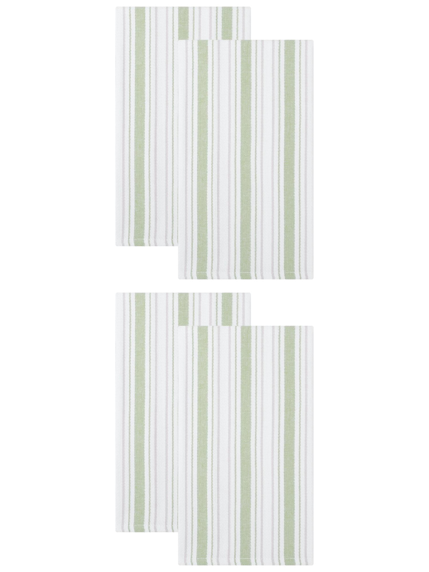 Unique Bargains Striped Cotton Quick Dry Kitchen Towels Khaki 4 Pack Green 26" x 18"