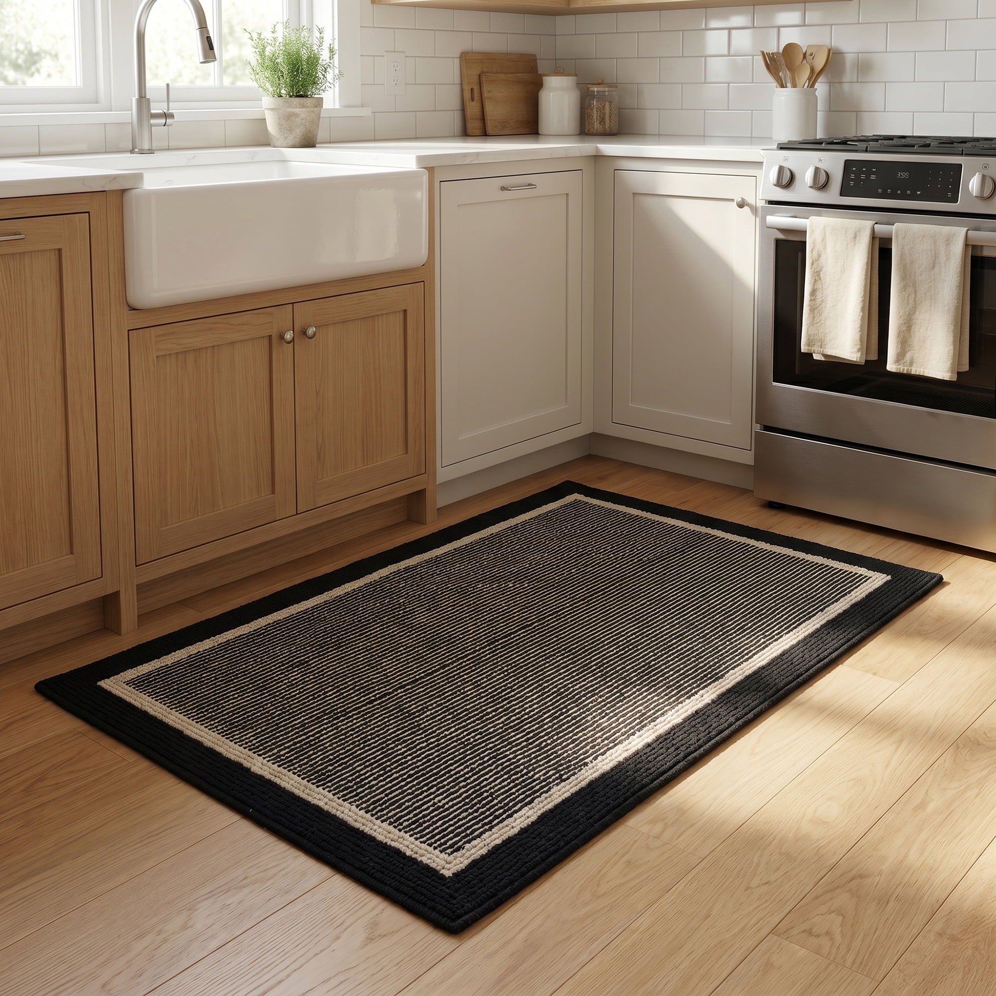 Unique Bargains Striped Polypropylene Non-Slip Absorbent Kitchen Rug Black 35" x 24"