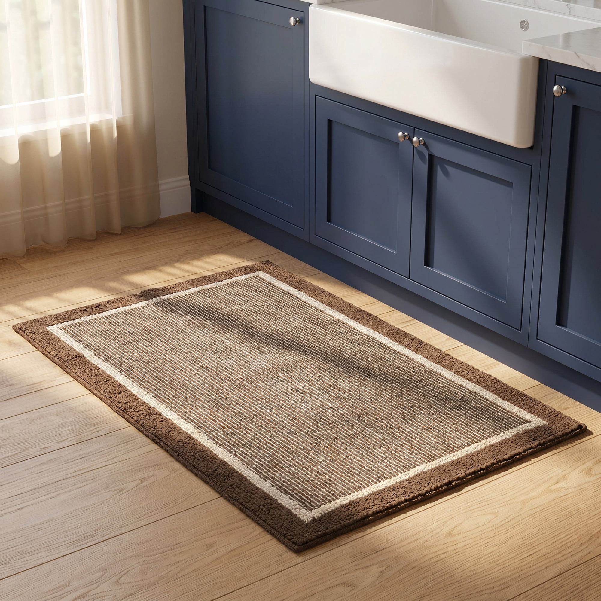 Unique Bargains Striped Polypropylene Non-Slip Absorbent Kitchen Rug Brown 35" x 24"