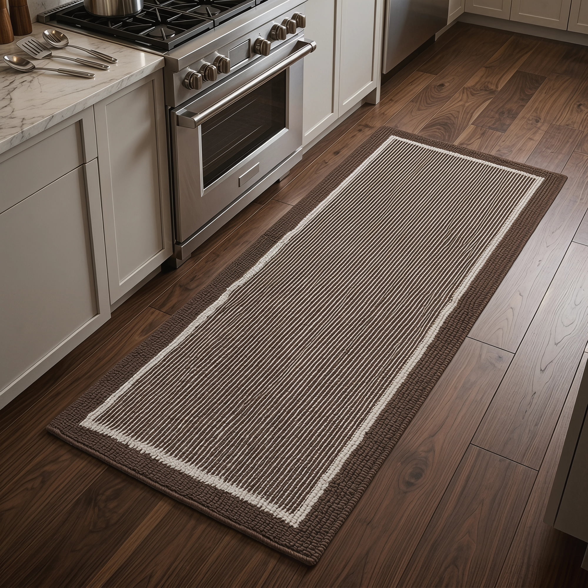 Unique Bargains Striped Polypropylene Non-Slip Absorbent Kitchen Rug Brown 47" x 18"