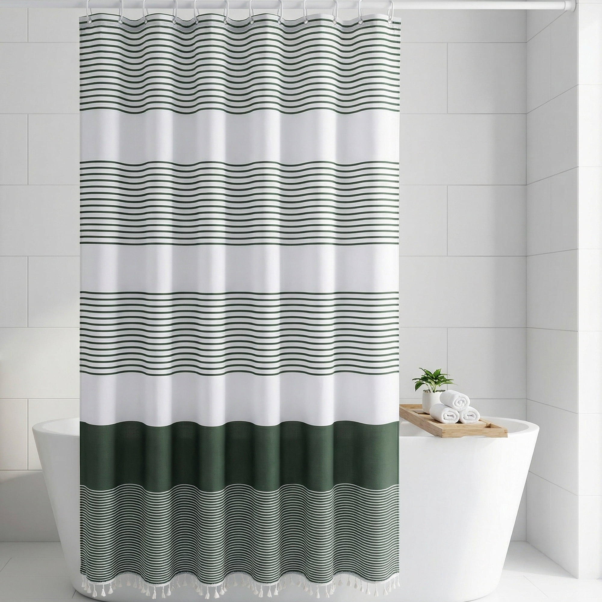 Unique Bargains Striped Waterproof Shower Curtain Sets with 12 Hooks Green 72"W x 72"L