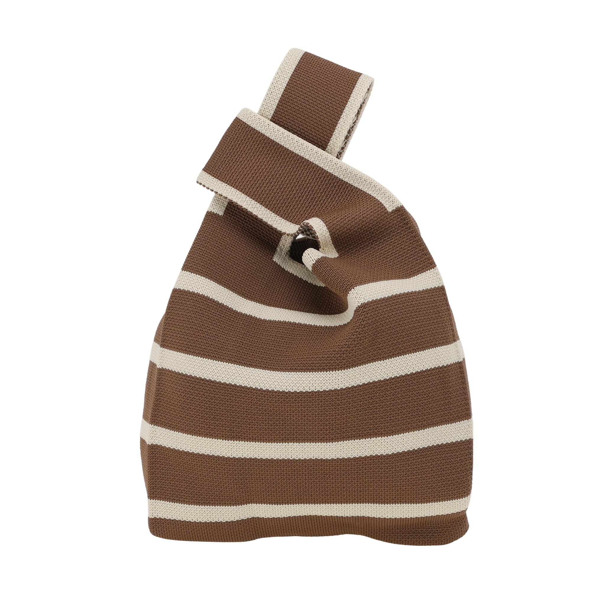 Unique Bargains Stylish Horizontal Stripes Knitted Wrist Bag for Everyday Use Coffee Color