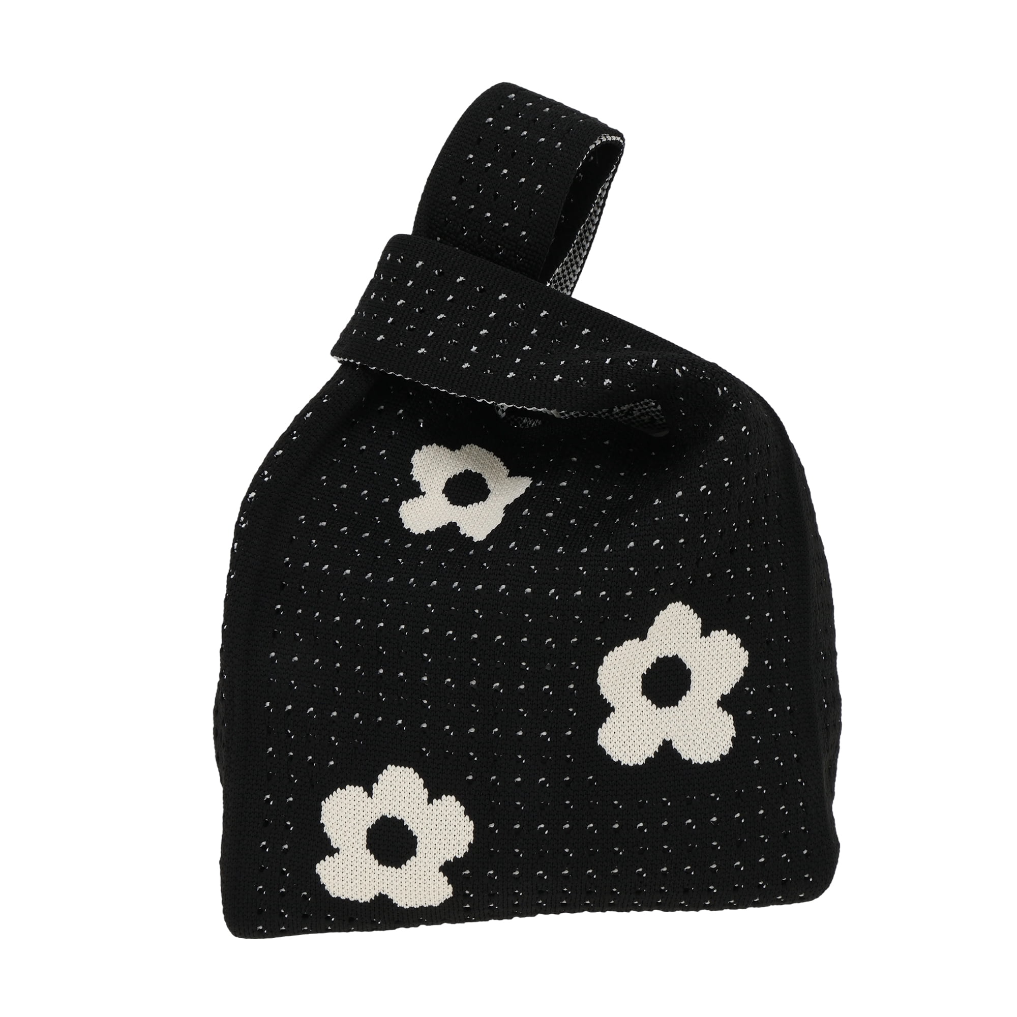 Unique Bargains Stylish Openwork Flower Knitted Wrist Bag for Everyday Use Black