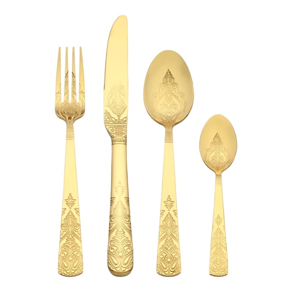 Unique Bargains Stylish and Durable Stainless Steel Floral Flatware Set Gold 4pcs