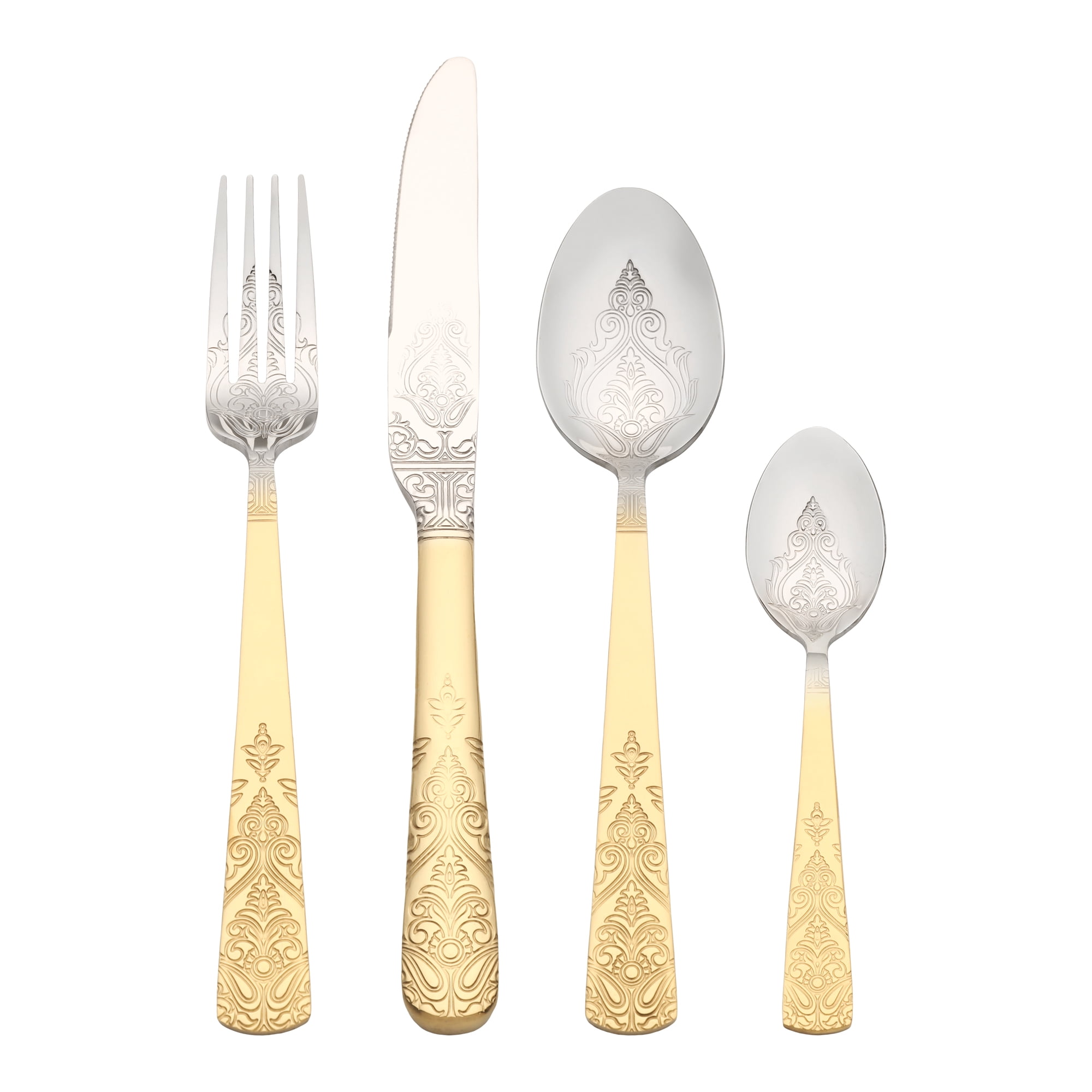 Unique Bargains Stylish and Durable Stainless Steel Floral Flatware Set Gold/Silver 4pcs