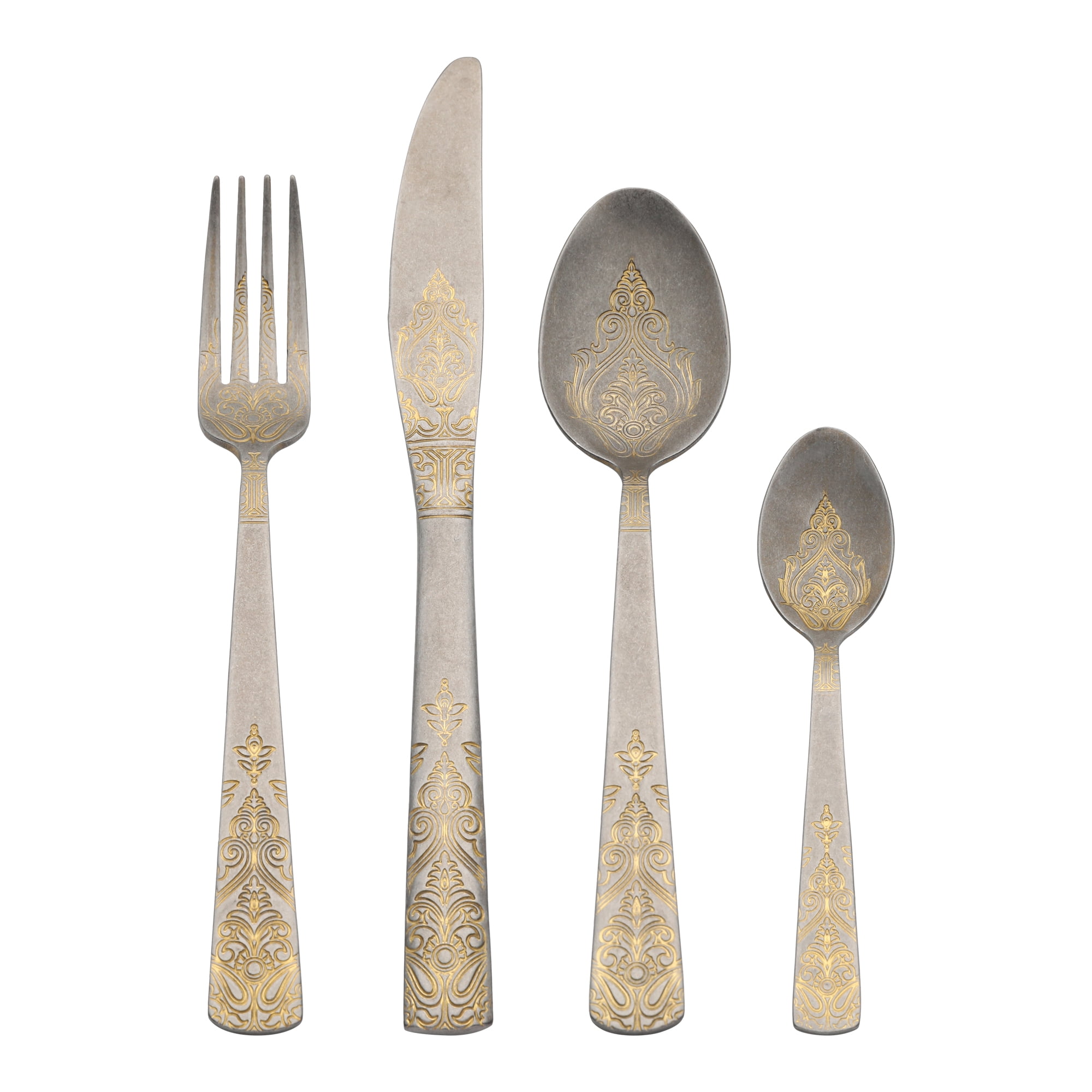 Unique Bargains Stylish and Durable Stainless Steel Floral Flatware Set Retro Gold 4pcs