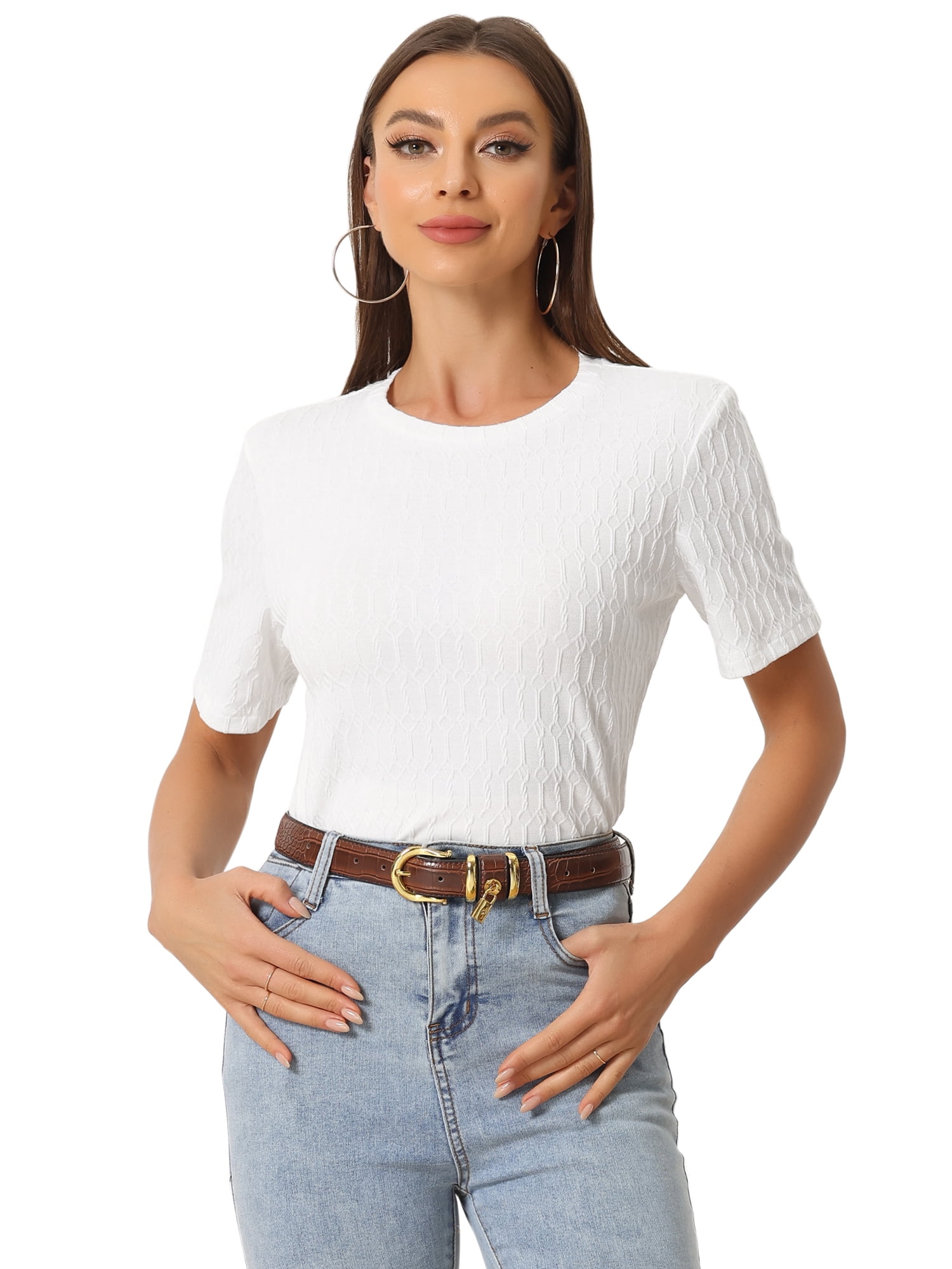 DARING DIVA Women's Casual Summer T-Shirt Round Neck Basic Textured Top XS White