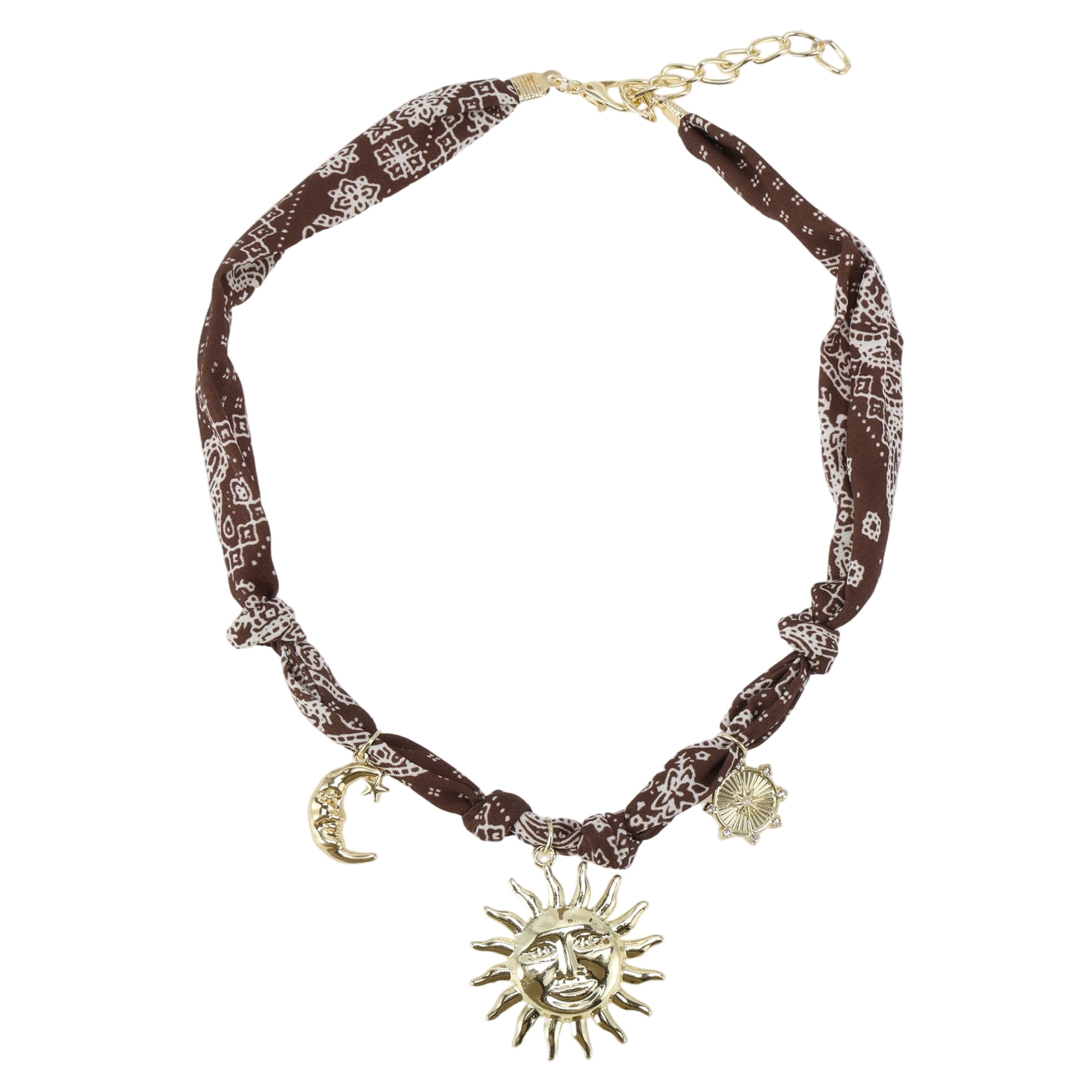 Unique Bargains Sun and Moon Scarf Necklace with Charm Adjustable Tie Dark Coffee Color