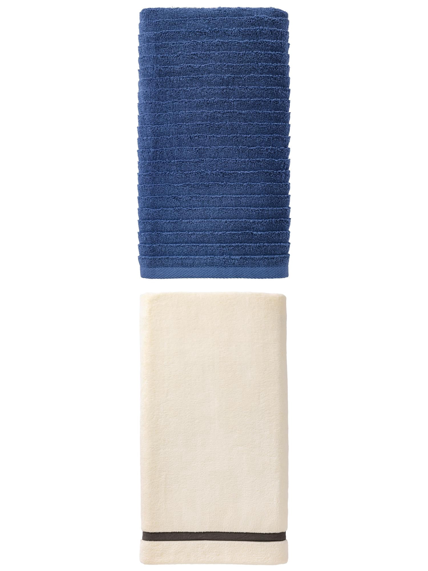 Unique Bargains Supersoft Plush High Water Absorbency Coral Fleece Bath Towel 2 Pack Beige/Dark Blue 63" x 31"/55" x 28"