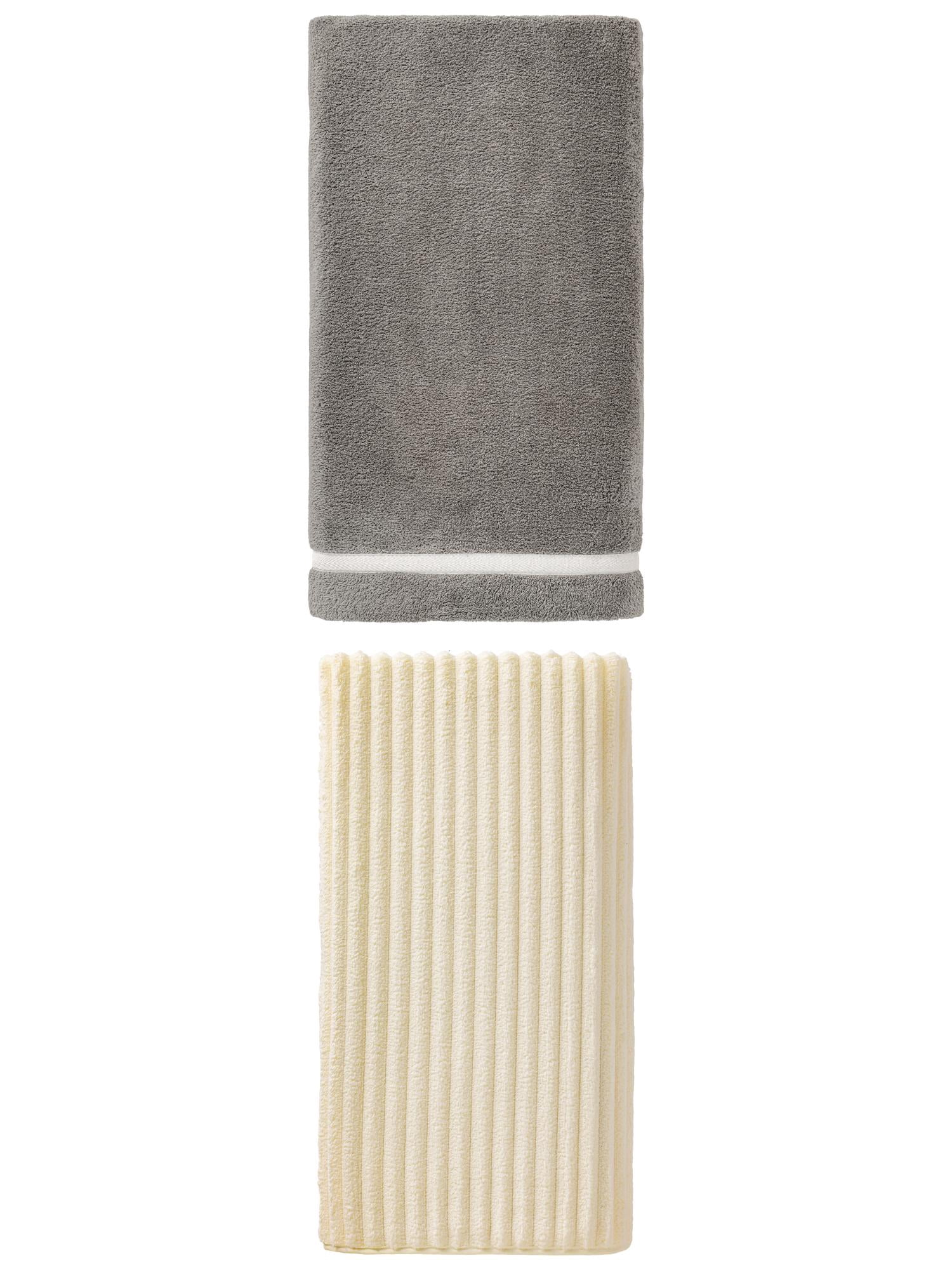 Unique Bargains 2Pcs Plush Absorbent Coral Fleece Bath Towel Grey/White 63"x31"/55"x28"